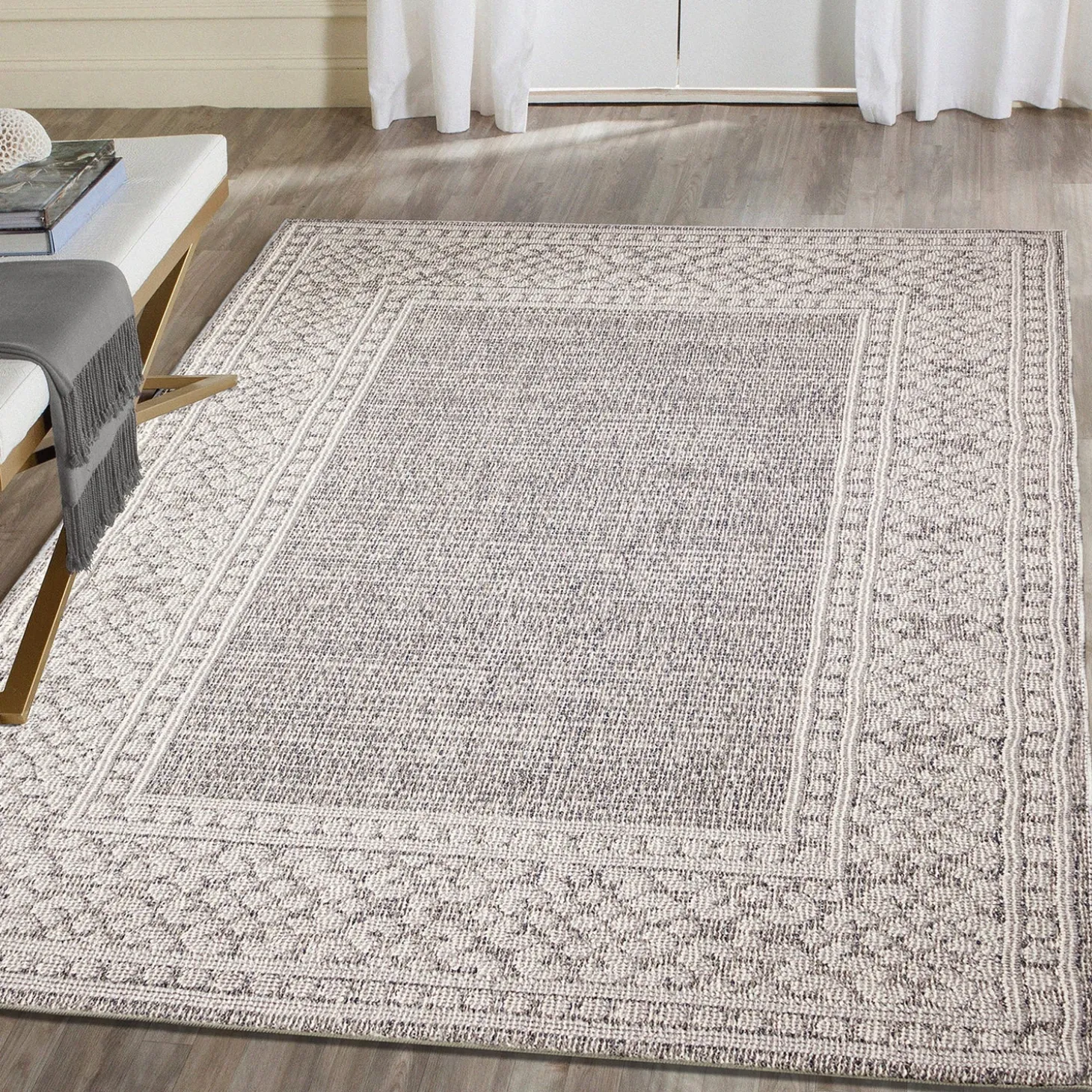 Area Rugs>Plow & Hearth Indoor/Outdoor Kitty Hawk Border Rug, 6'9" x 9'4"
