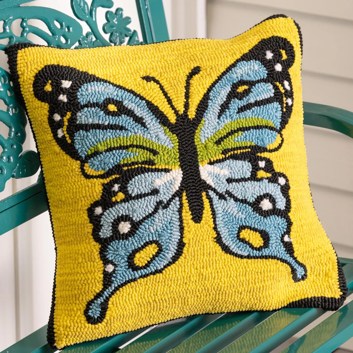 Decorative Pillows>Plow & Hearth Indoor/Outdoor Yellow Butterfly Hand Hooked Polypropylene Throw Pillow