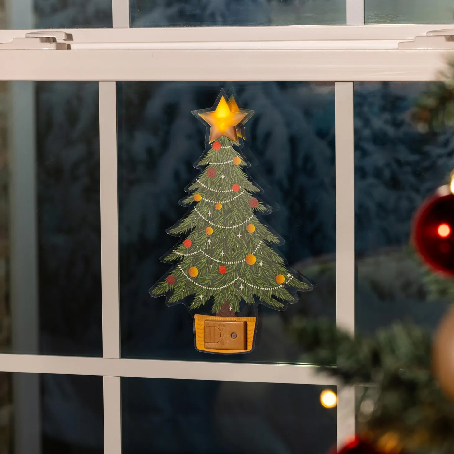 Fabric Door Hangers>Plow & Hearth Joyful Traditions LED Hanging Décor Christmas Tree with Flickering Light Window Decal, 10.25"H