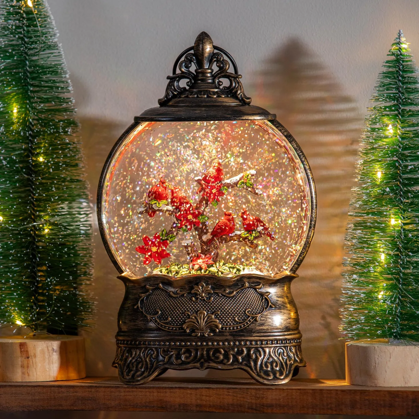 Decorative Accents>Plow & Hearth Joyful Traditions LED Table Decor Cardinal on Branches Antique Water Lanter, 10.5"