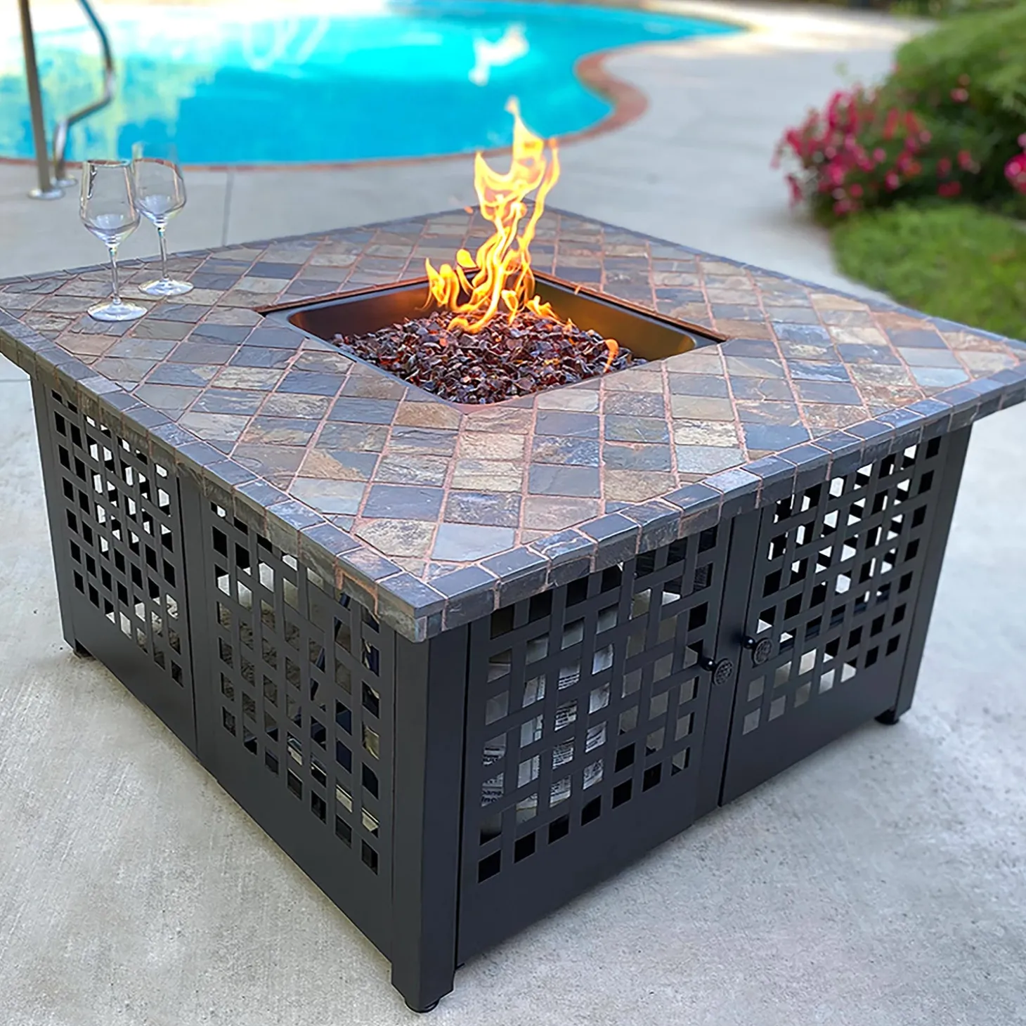 Fire Pits | Fire Pits>Plow & Hearth Kingsbury Outdoor LP Gas Fire Pit with Slate and Marble Tile Mantel, 42"