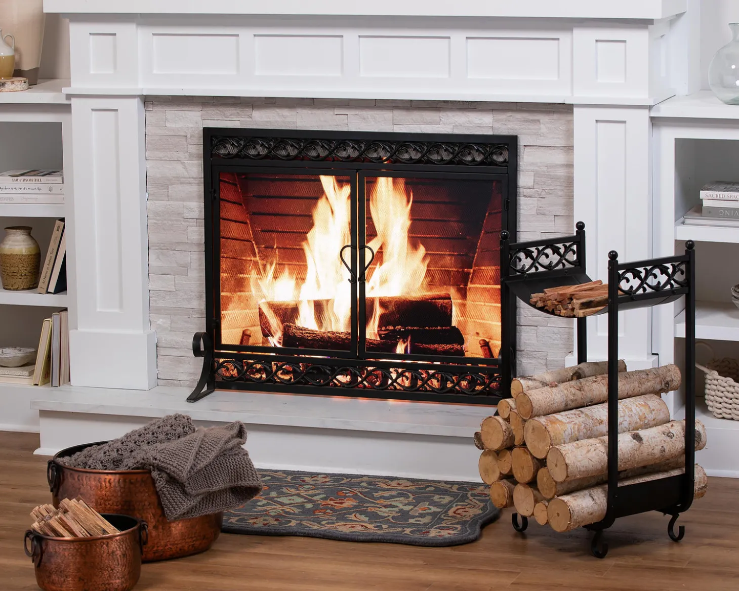 Fireplace Screens With Doors>Plow & Hearth Large Cast Iron Scrollwork Fire Screen With Doors Black