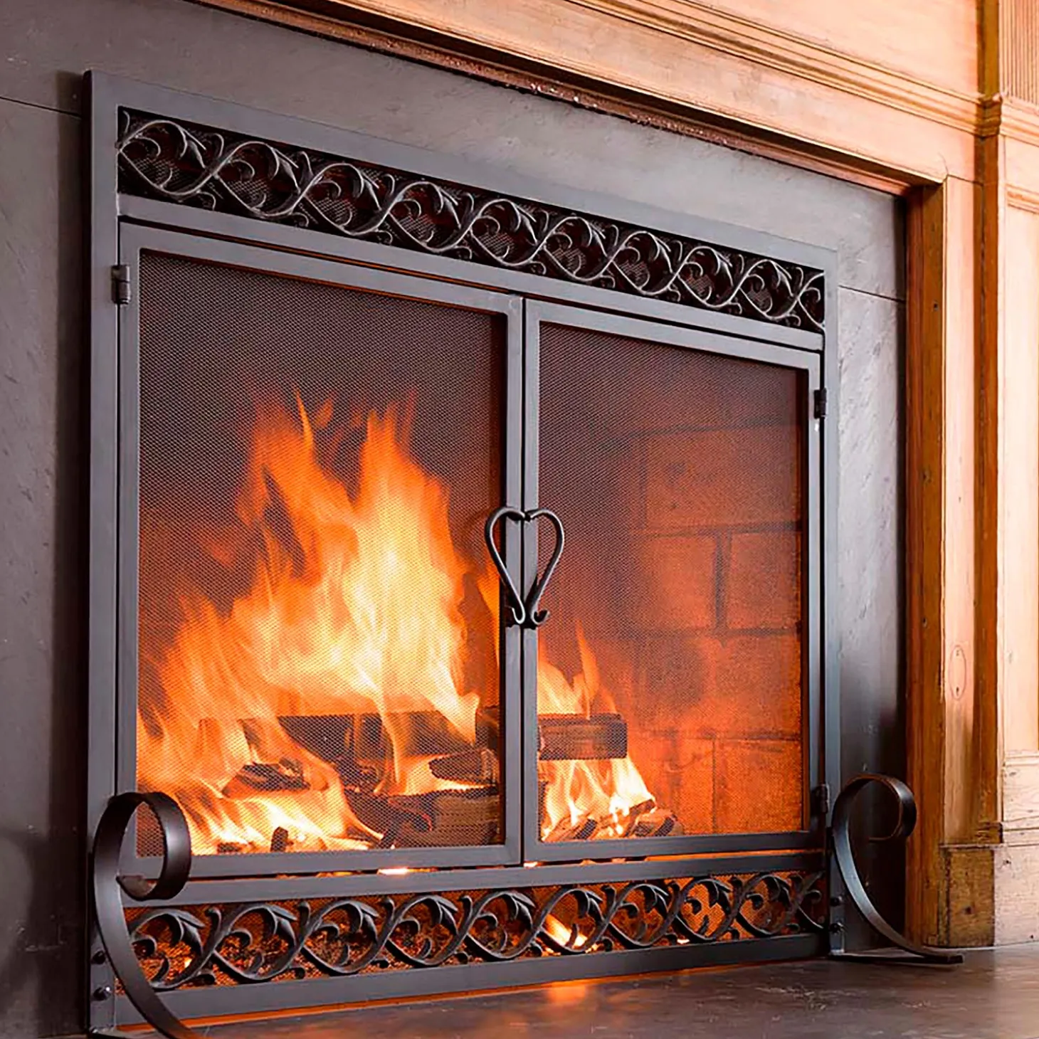 Fireplace Screens With Doors>Plow & Hearth Large Cast Iron Scrollwork Fire Screen With Doors Black
