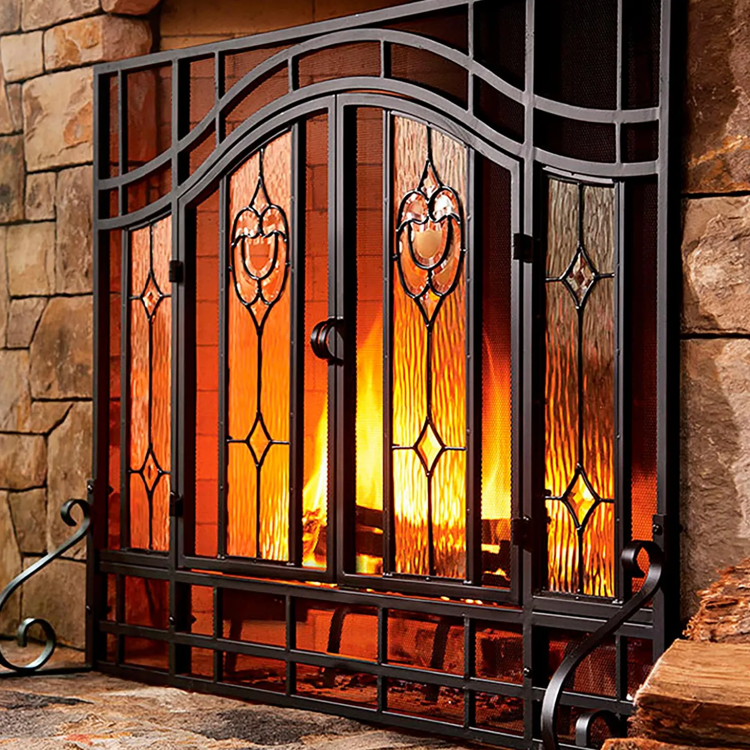 Fireplace Screens With Doors>Plow & Hearth Large Two-Door Fireplace Screen with Glass Floral Panels Black
