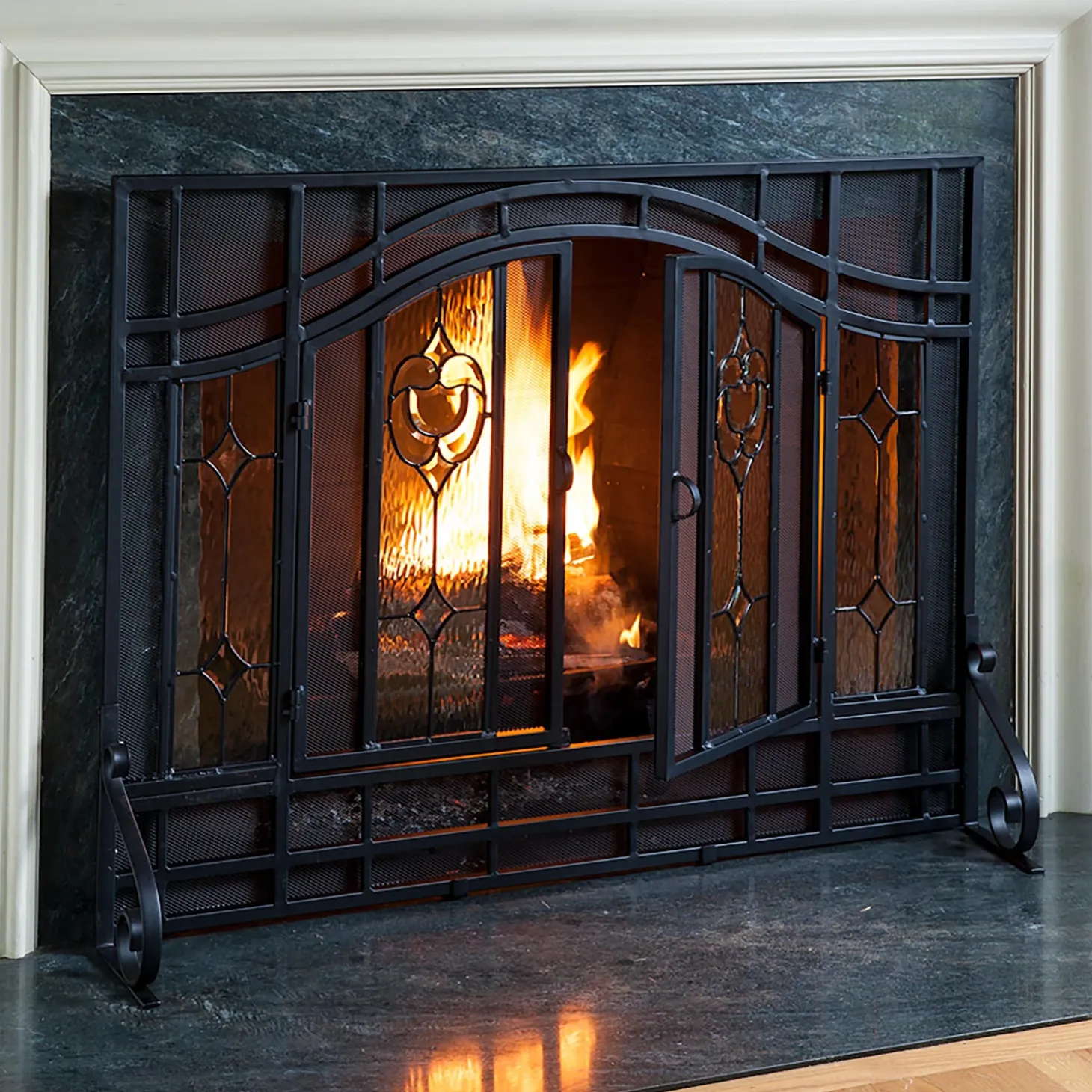 Fireplace Screens With Doors>Plow & Hearth Large Two-Door Fireplace Screen with Glass Floral Panels Black