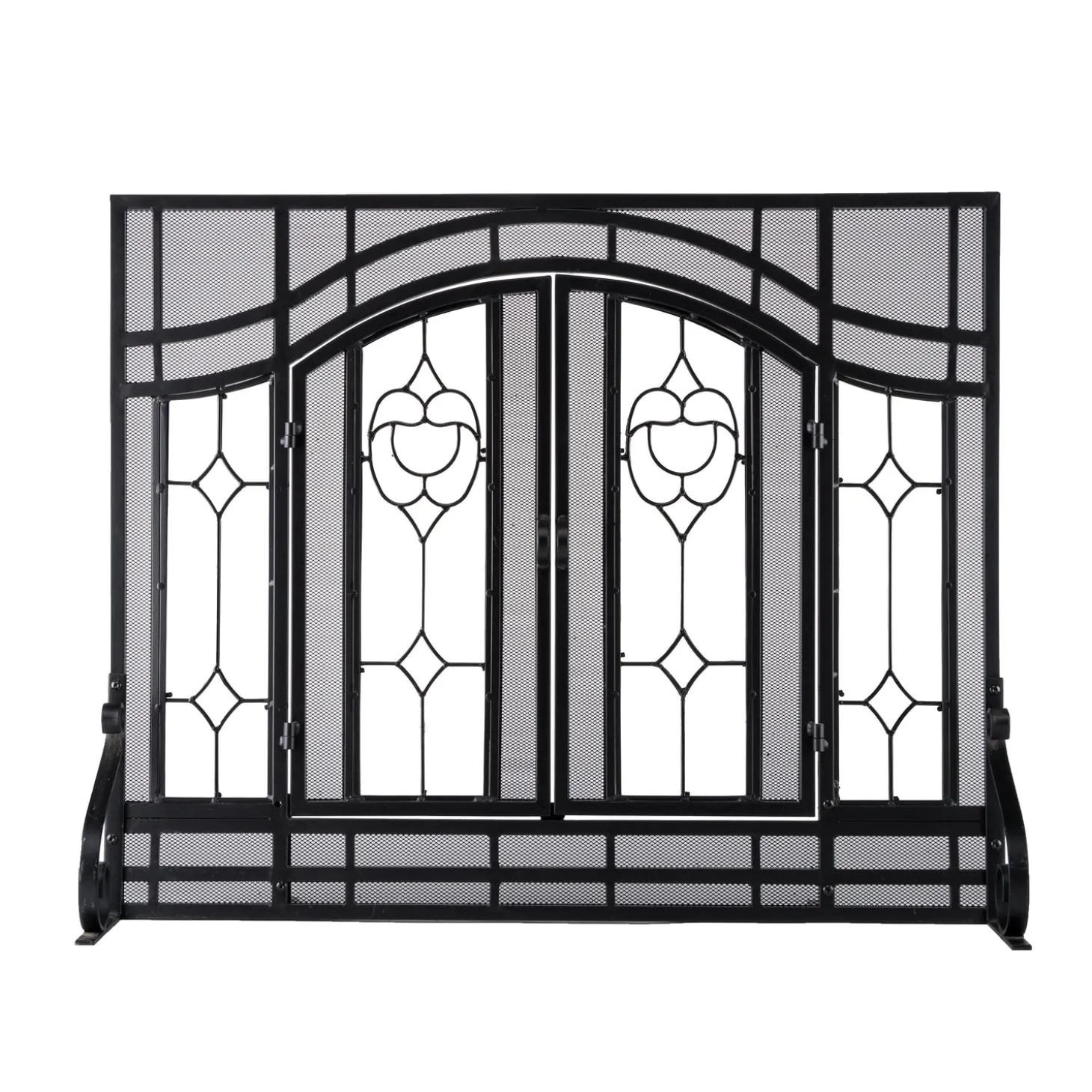 Fireplace Screens With Doors>Plow & Hearth Large Two-Door Fireplace Screen with Glass Floral Panels Black
