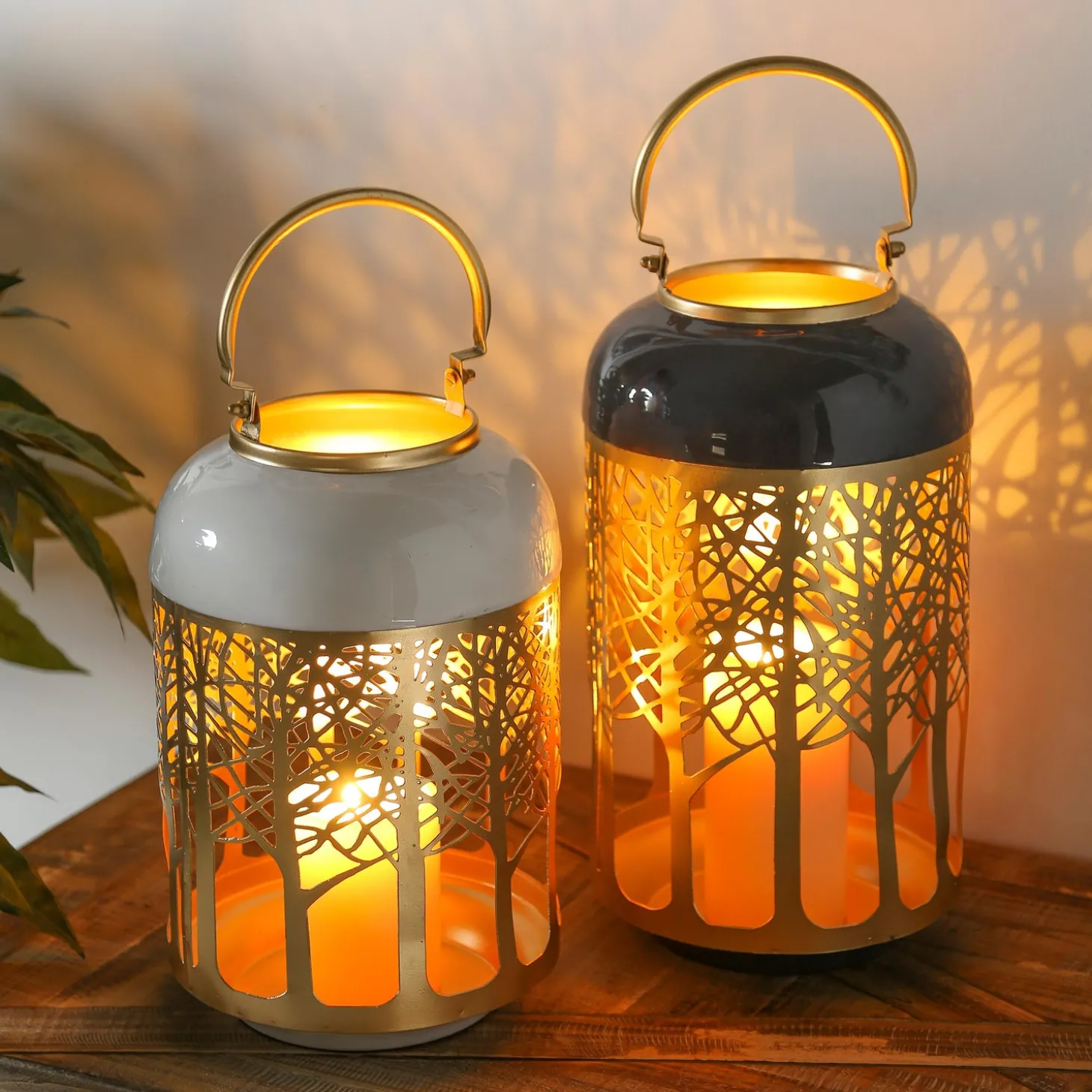 Candles & Lanterns>Plow & Hearth Laser Cut Metal Forest Lanterns with Handle, Set of 2