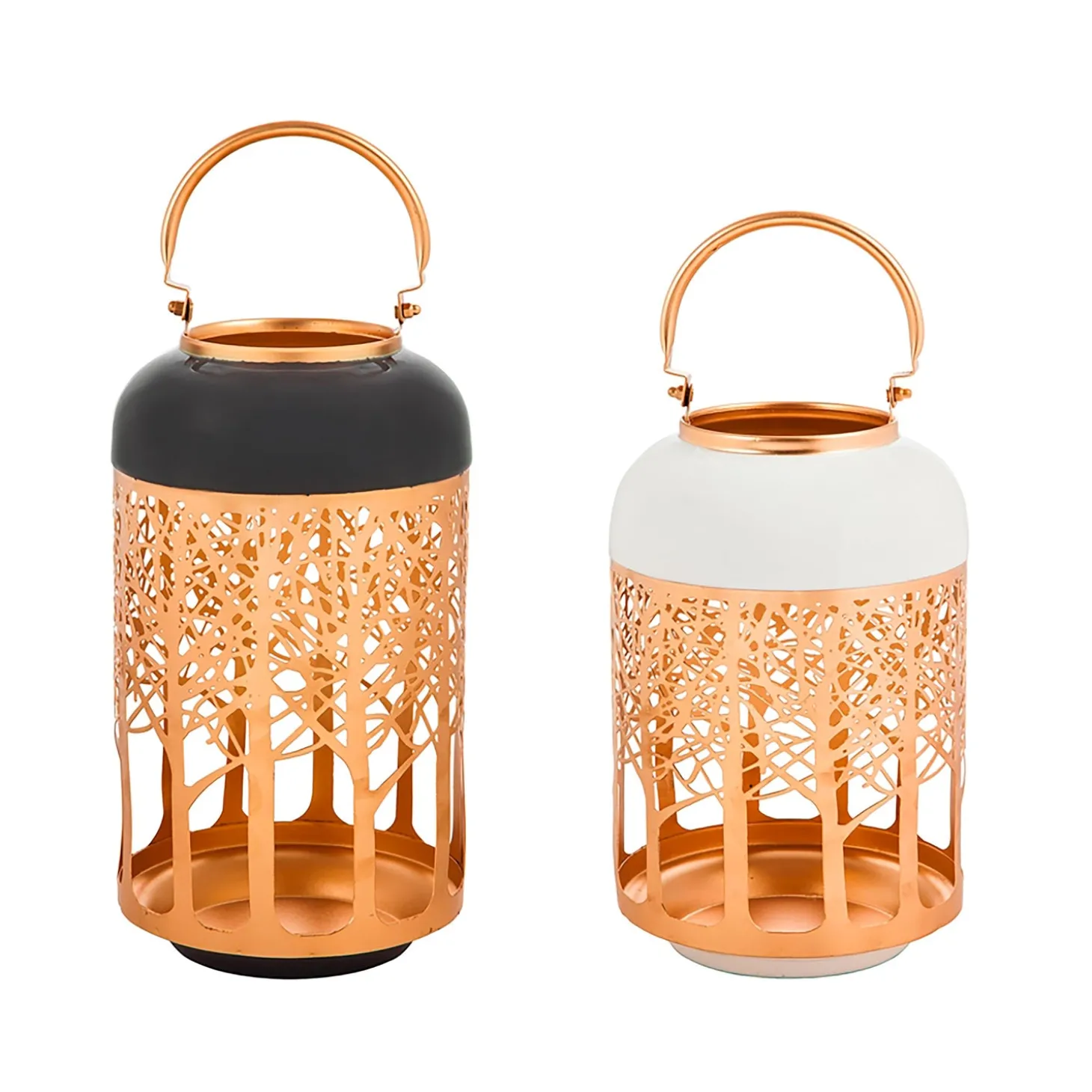 Candles & Lanterns>Plow & Hearth Laser Cut Metal Forest Lanterns with Handle, Set of 2