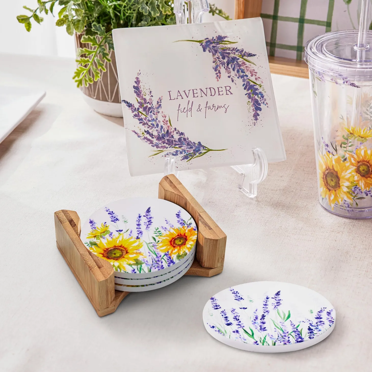 Coffee & Tea Cups | Cleaning Supplies>Plow & Hearth Lavender Fields Round Coasters w/ Caddy, Set of 4, Gift Box