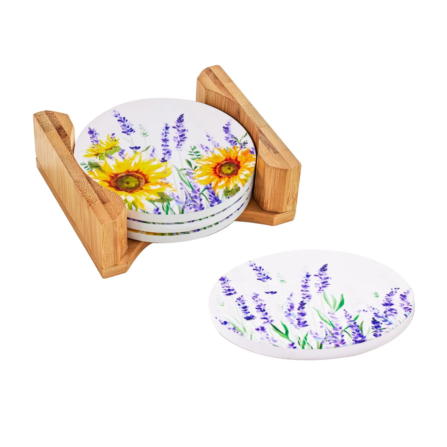 Coffee & Tea Cups | Cleaning Supplies>Plow & Hearth Lavender Fields Round Coasters w/ Caddy, Set of 4, Gift Box