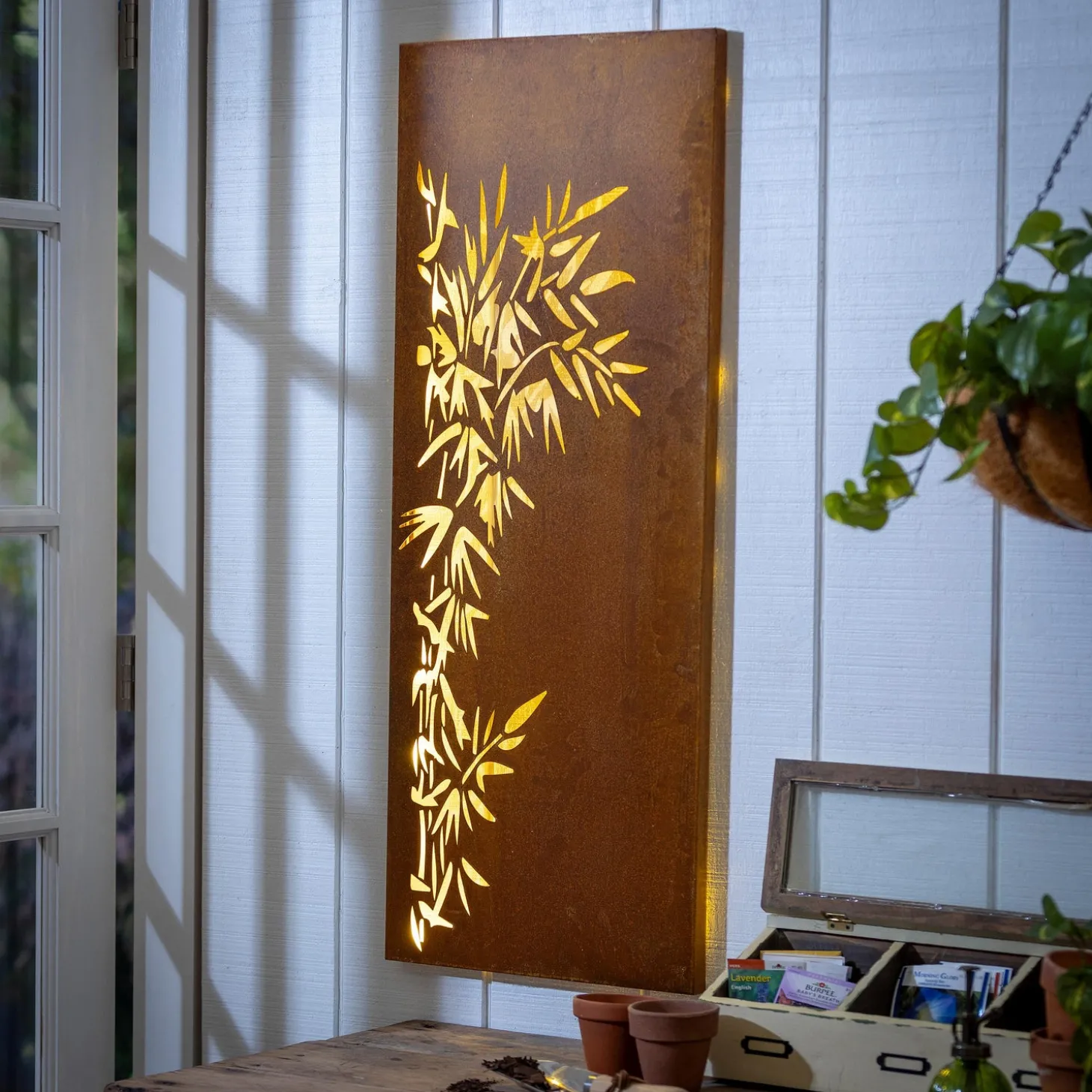 Wall Art>Plow & Hearth Leaves LED Laser Cut Metal Wall Décor, 15" L x 40" H