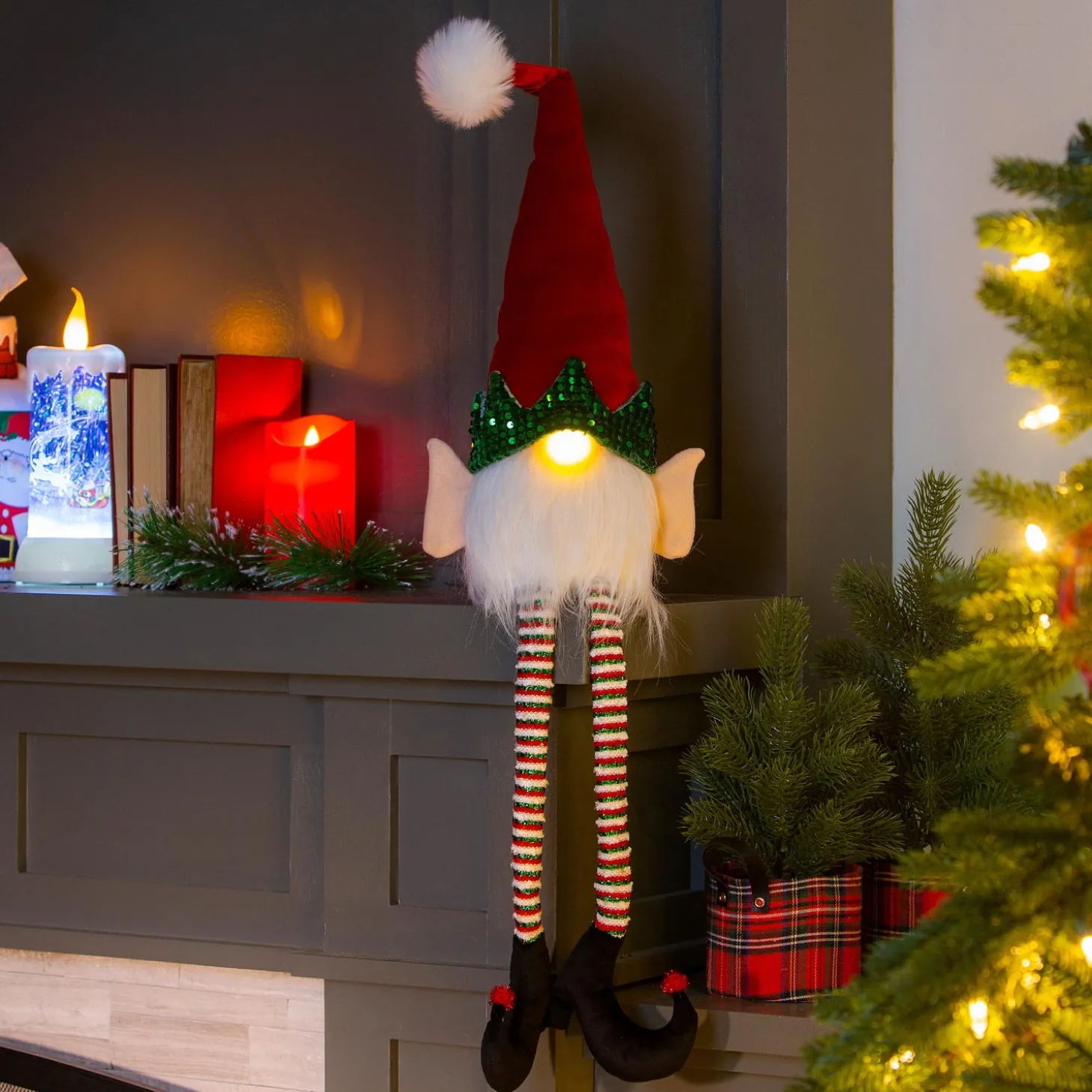 Decorative Accents | Lighted Accents>Plow & Hearth LED Fabric Gnome Elf Table Décor with Long Legs