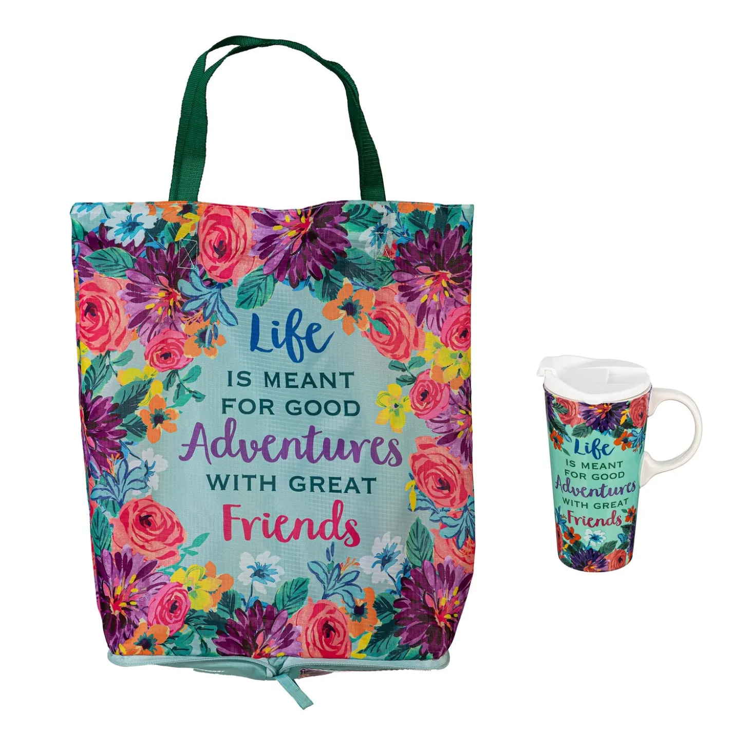Travel Cups>Plow & Hearth Life Is Meant For Good Adventures Ceramic Perfect Cup and Compact Tote Giftset, 17oz, Gift Box