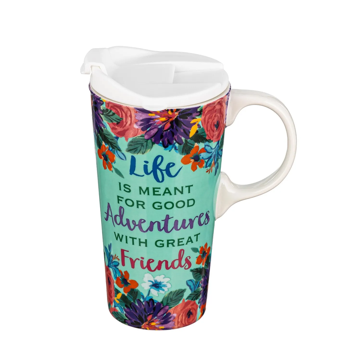 Travel Cups>Plow & Hearth Life Is Meant For Good Adventures Ceramic Perfect Cup and Compact Tote Giftset, 17oz, Gift Box