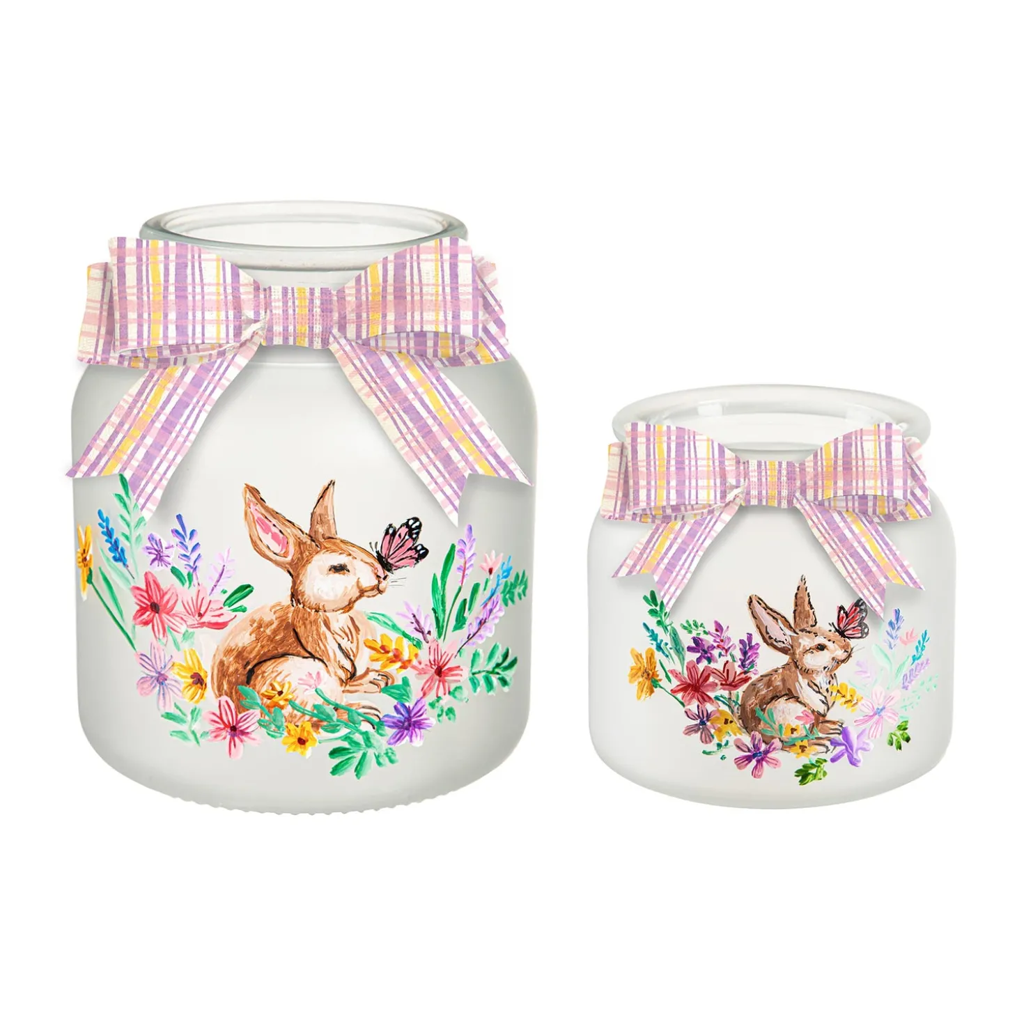 Decorative Accents>Plow & Hearth Lighted Glass Jar with Springtime Bunny Scene, Set of 2