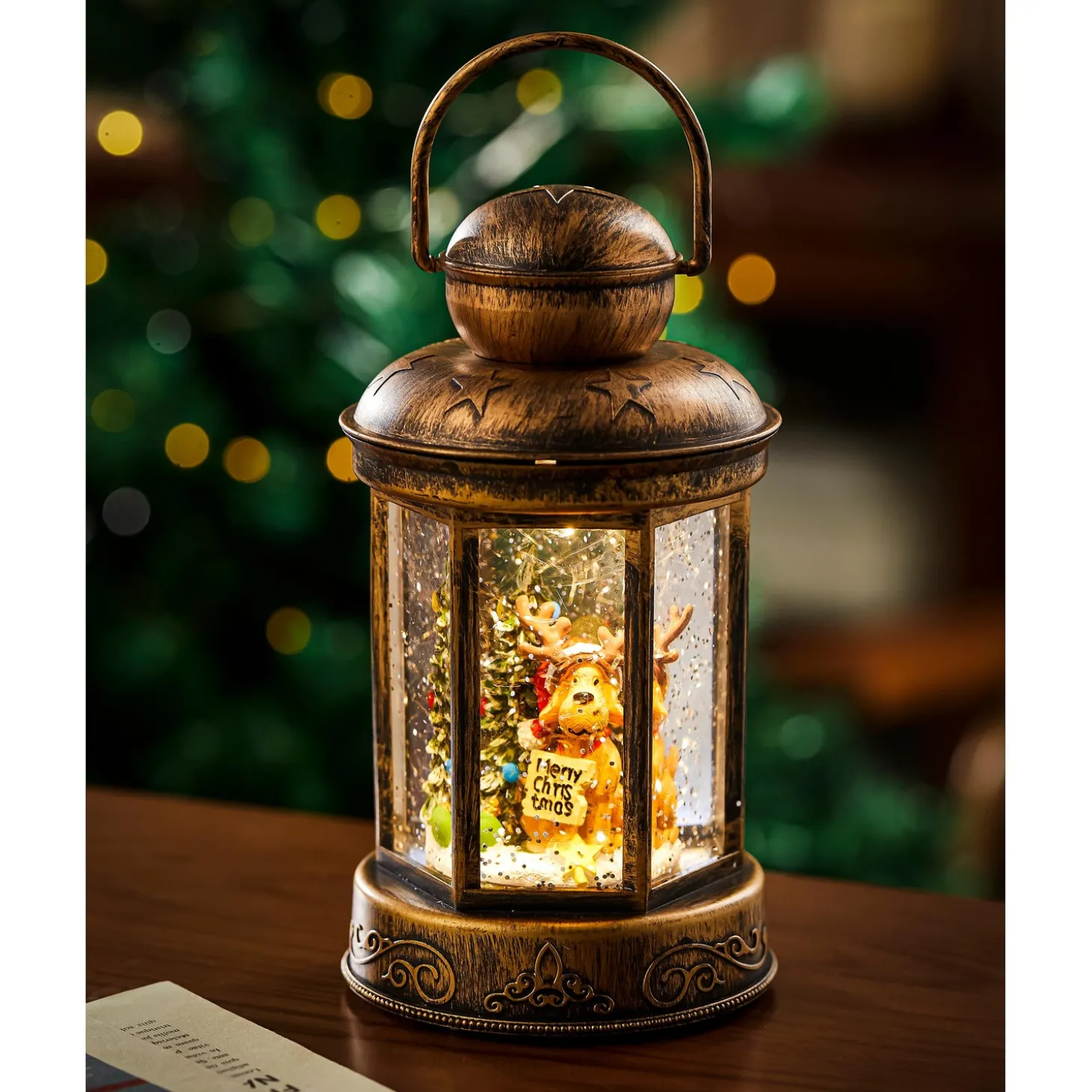 Decorative Accents>Plow & Hearth Lighted Reindeer Lantern with Spinning Snow Table Décor