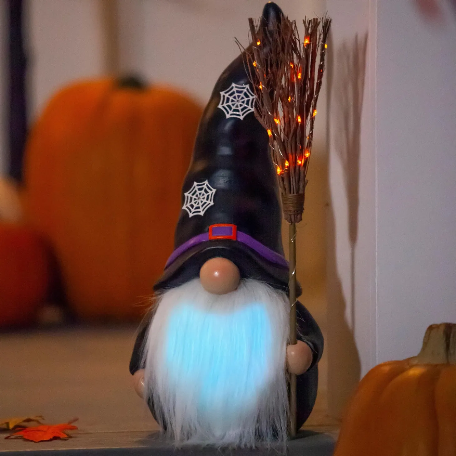 Garden Statues | Decorative Accents>Plow & Hearth Lighted Witch Gnome Statue with Spiderweb Hat Caucasian