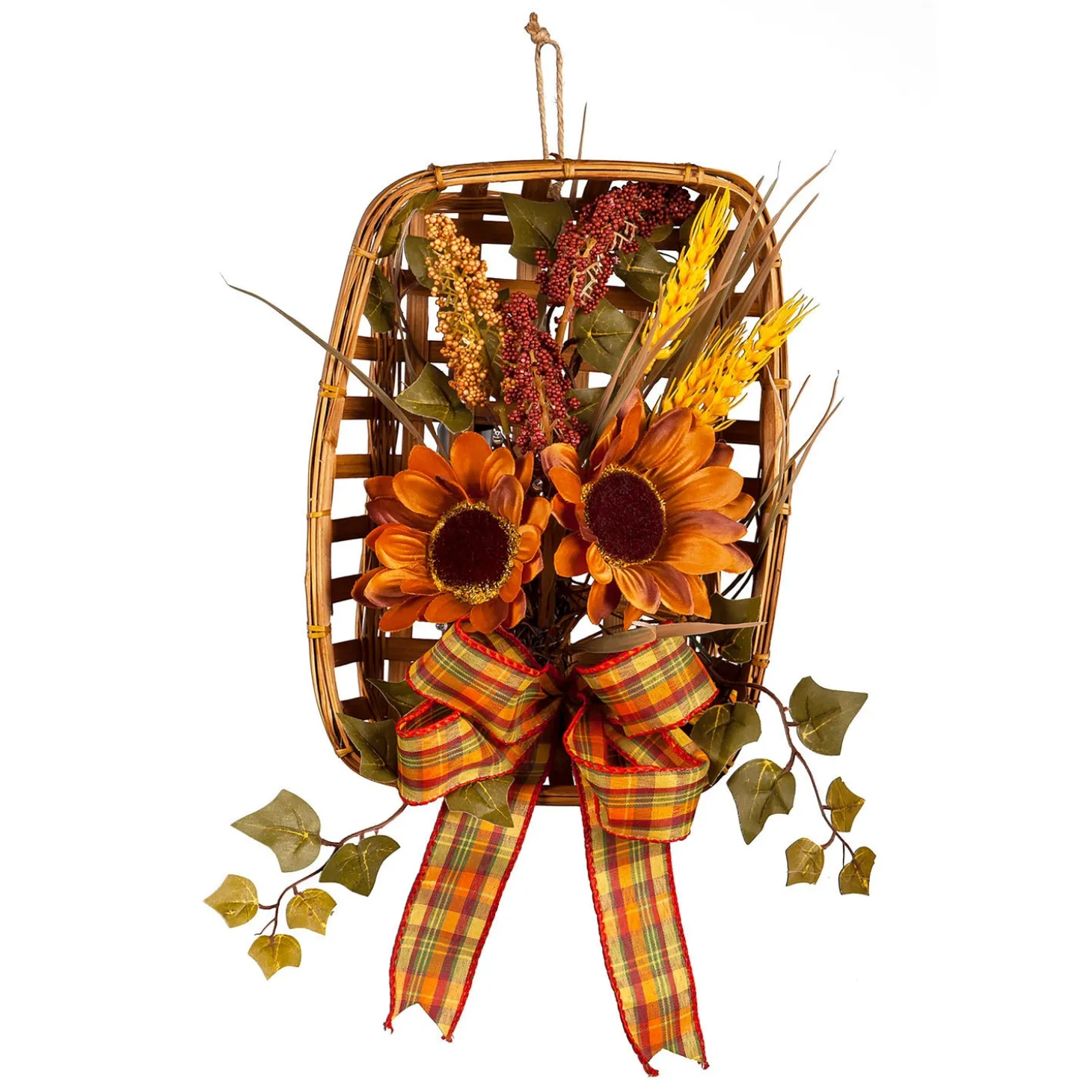 Faux Flowers & Plants>Plow & Hearth Light-Up Harvest Tobacco Basket Wall Hanging