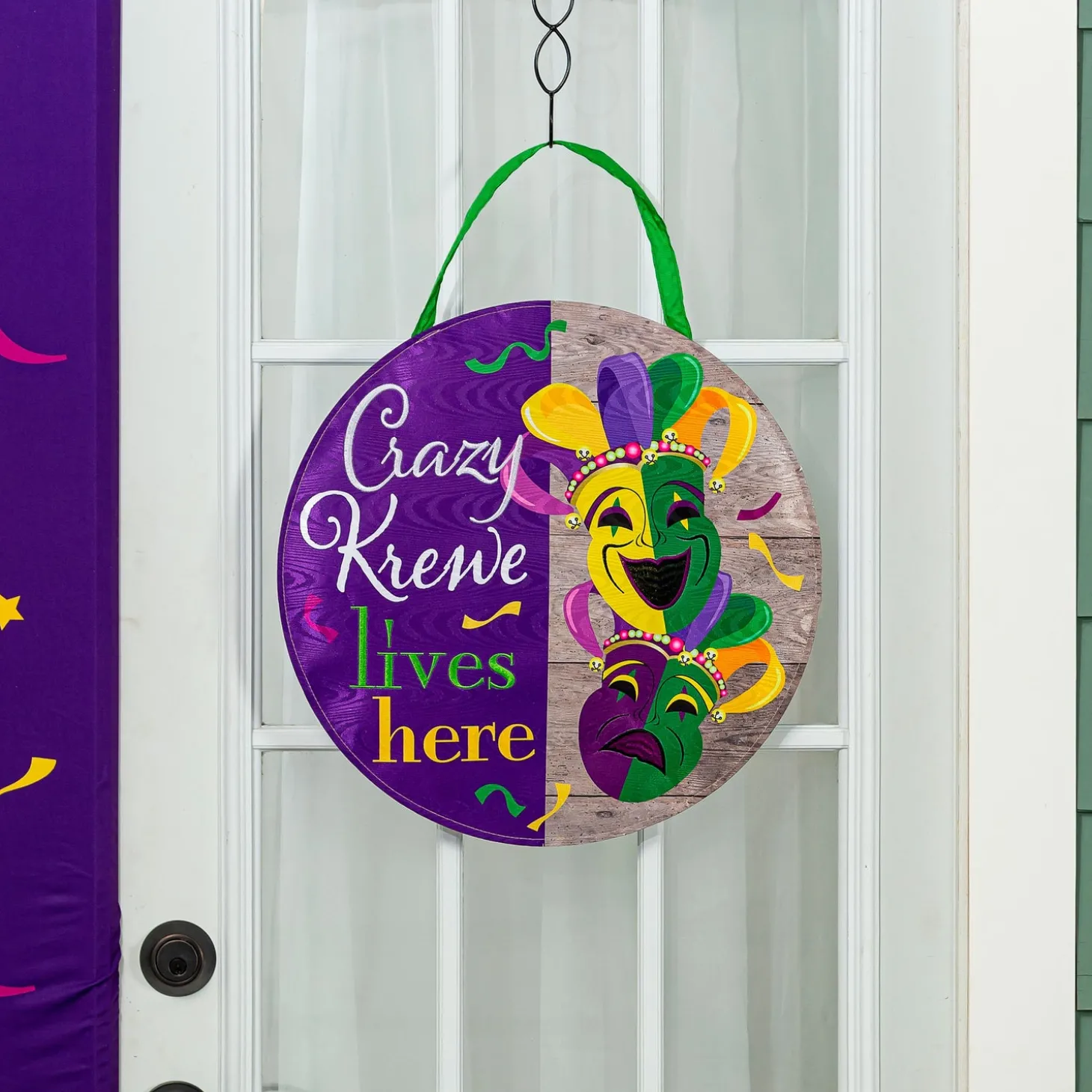 Fabric Door Hangers>Plow & Hearth Mardi Gras Crazy Krewe Lives Here Moire Door Décor