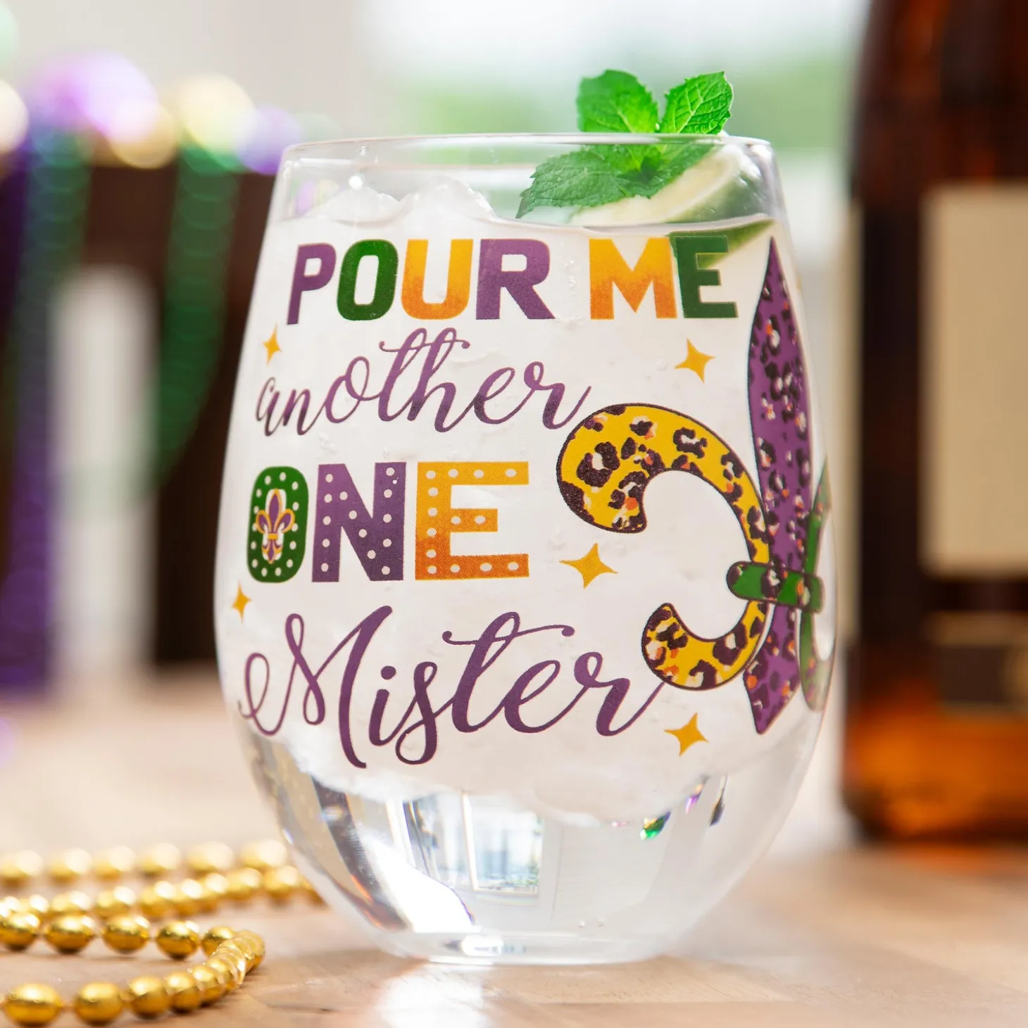 Wine Glasses>Plow & Hearth Mardi Gras Fleur De Lis Stemless Glass, 17oz, Gift Box