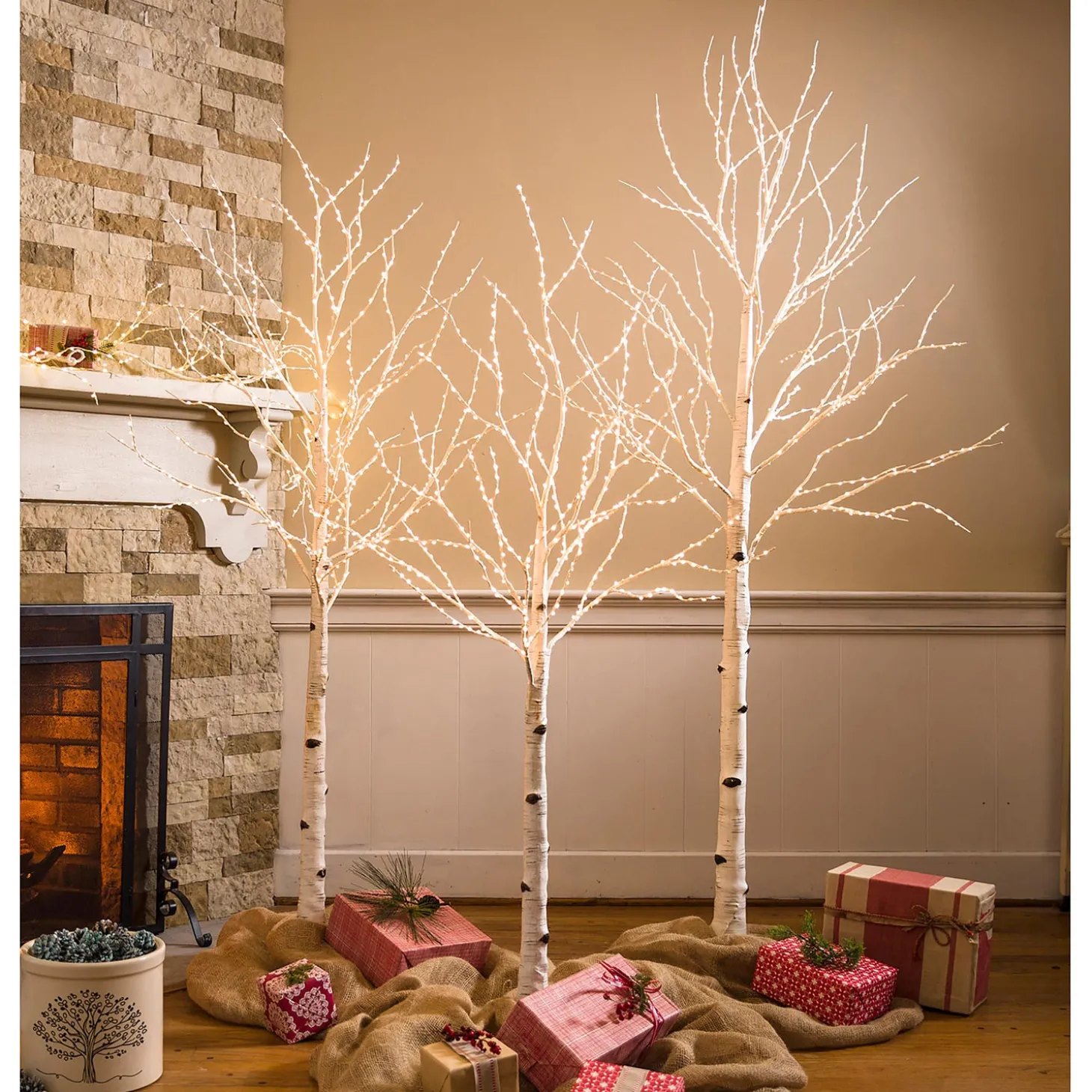 Lighted Trees & Garlands>Plow & Hearth Medium Indoor/Outdoor Birch Tree with 400 Warm Lights White