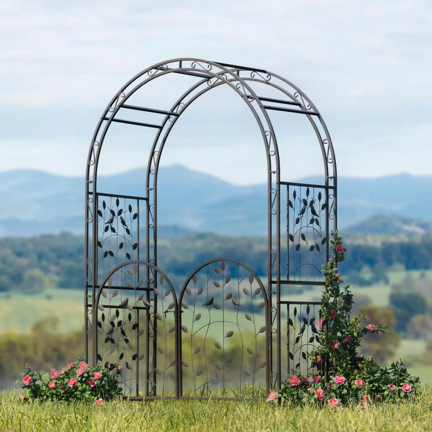 Arbors & Trellises>Plow & Hearth Metal Arched Birds and Leaves Garden Arbor with Gate