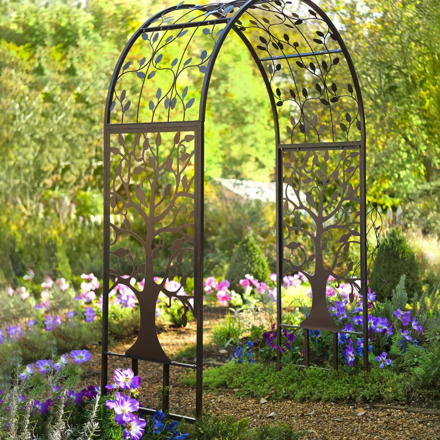 Arbors & Trellises>Plow & Hearth Metal Arched Garden Arbor with Tree of Life Design