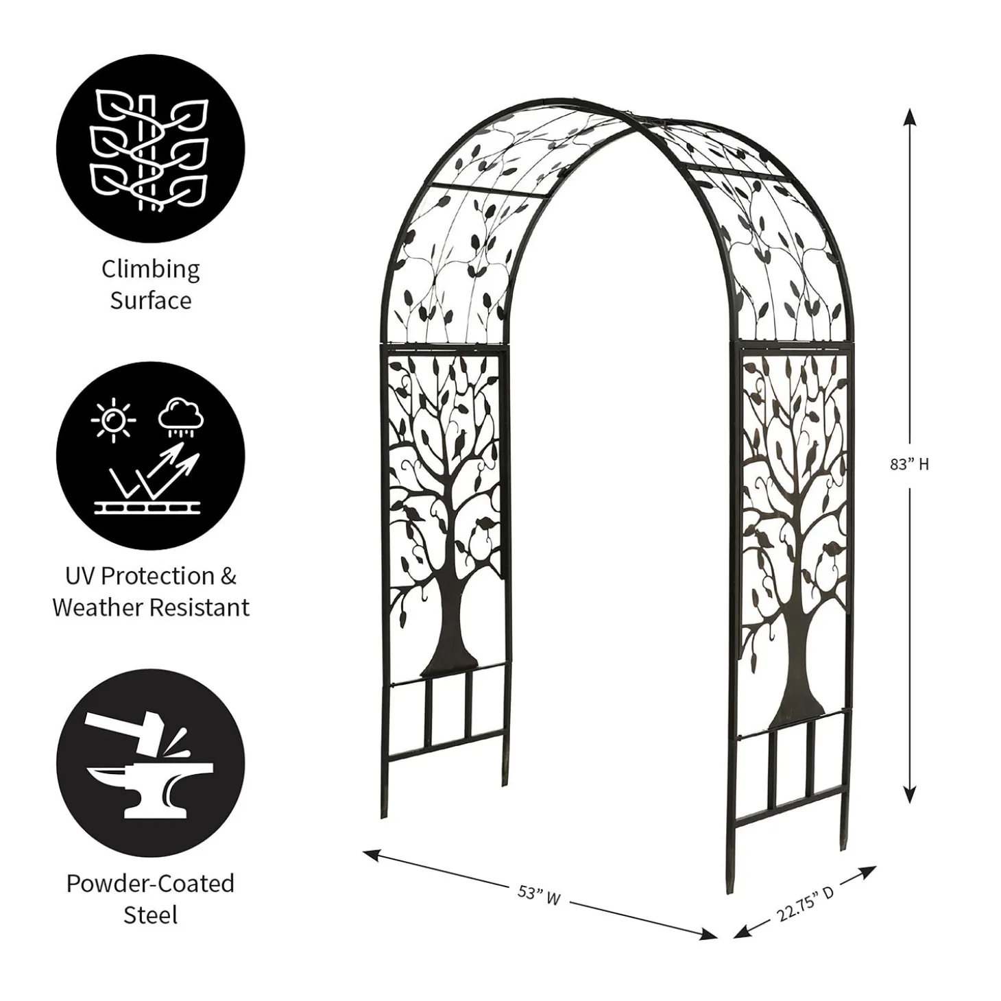 Arbors & Trellises>Plow & Hearth Metal Arched Garden Arbor with Tree of Life Design