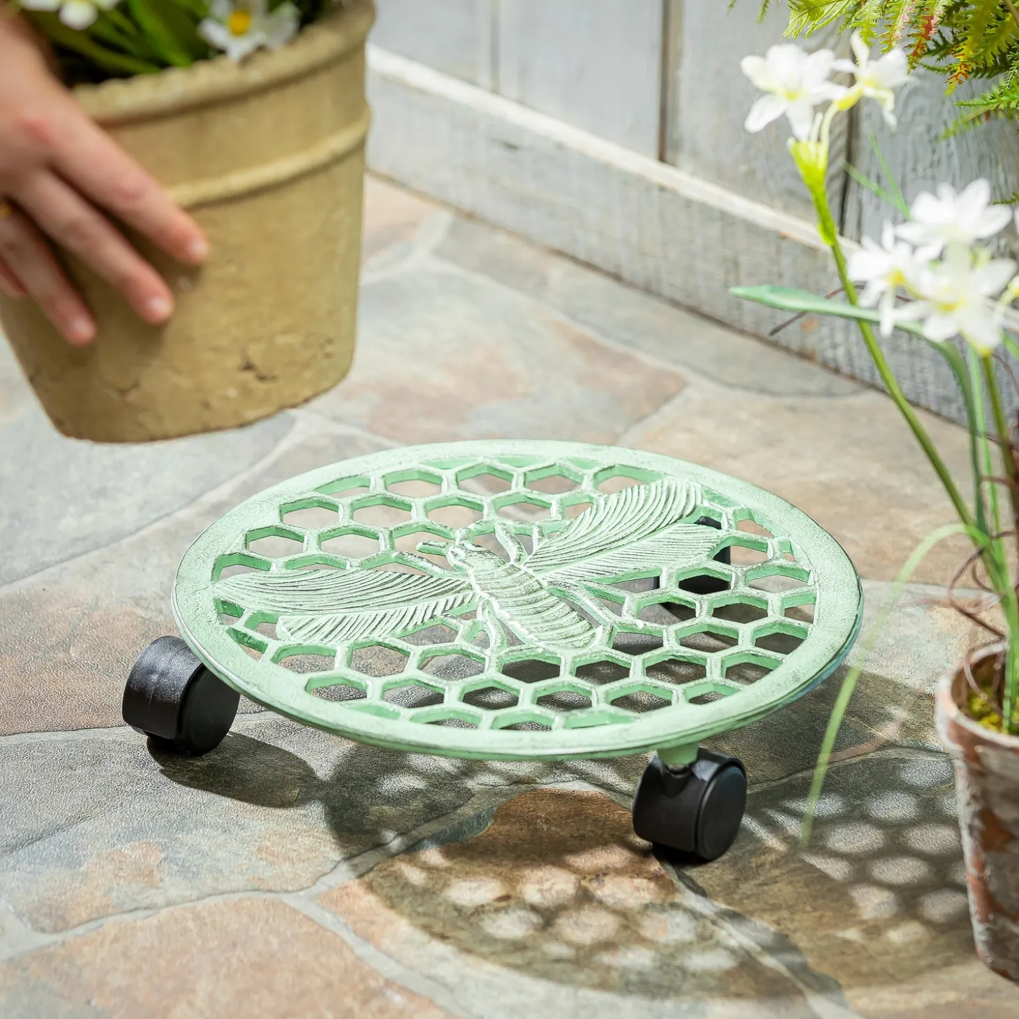 Faux Flowers & Plants>Plow & Hearth Metal Plant Caddy, Green Bee