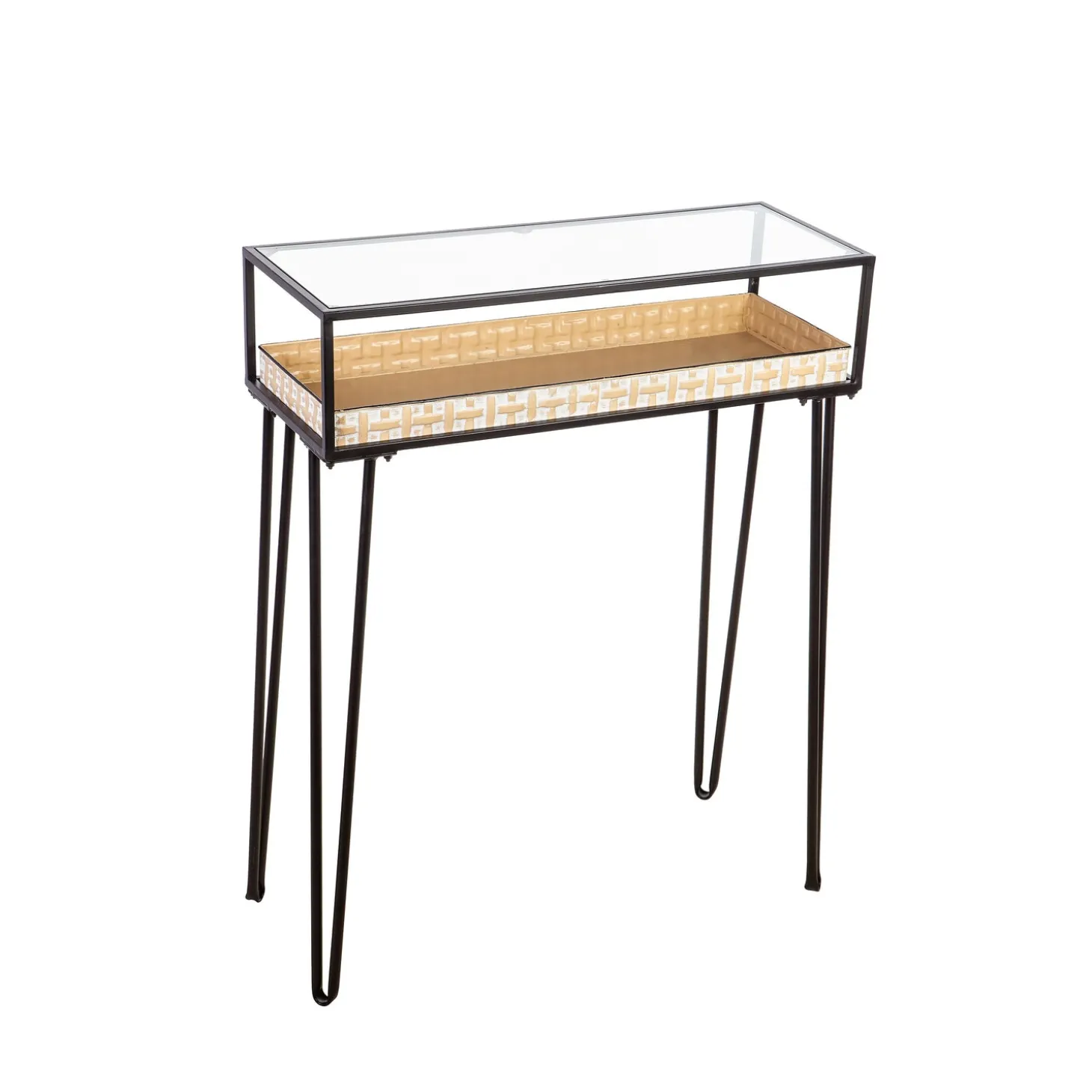 Accent Tables | Desks & Console Tables>Plow & Hearth Metal Table with Glass Top and Gold Metal Planter Dish