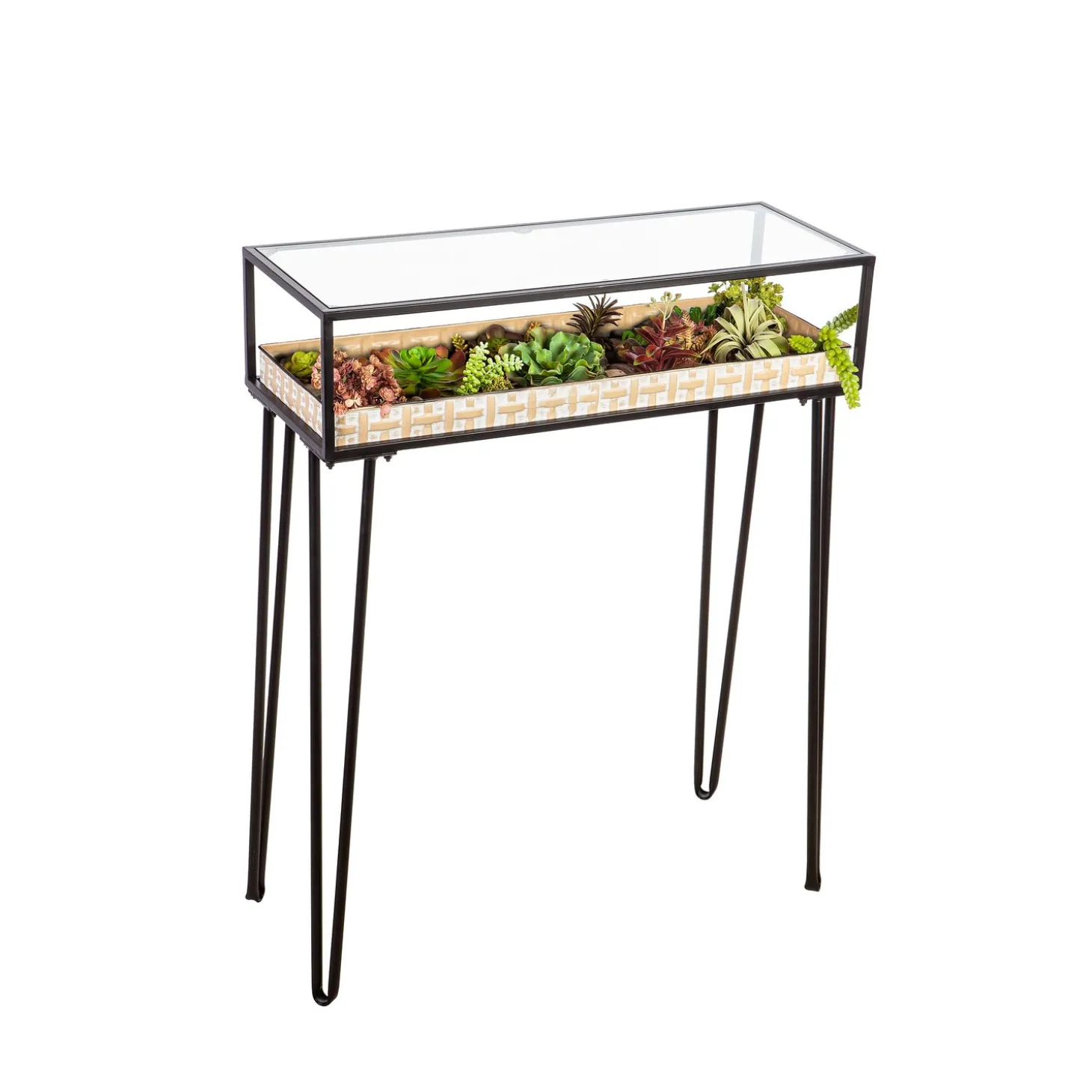 Accent Tables | Desks & Console Tables>Plow & Hearth Metal Table with Glass Top and Gold Metal Planter Dish