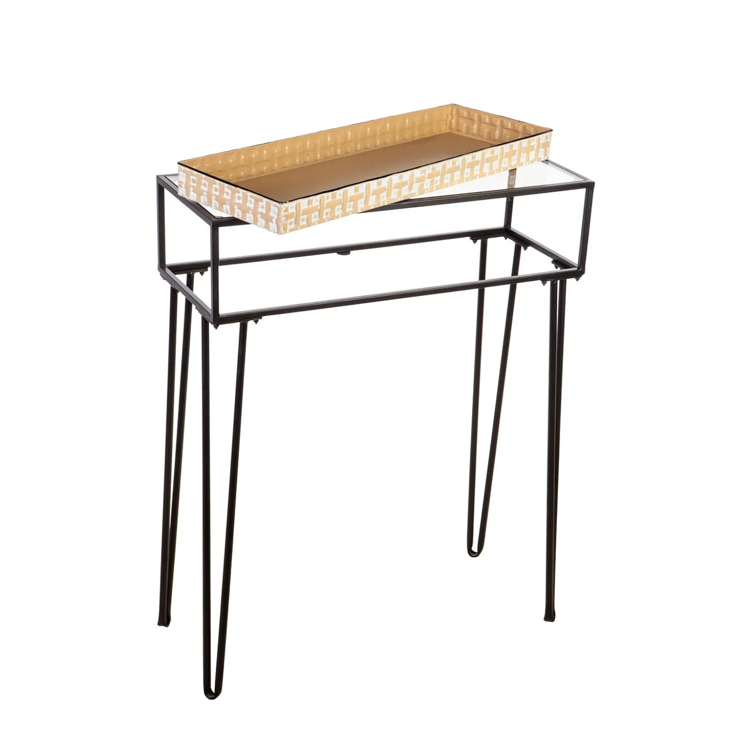 Accent Tables | Desks & Console Tables>Plow & Hearth Metal Table with Glass Top and Gold Metal Planter Dish
