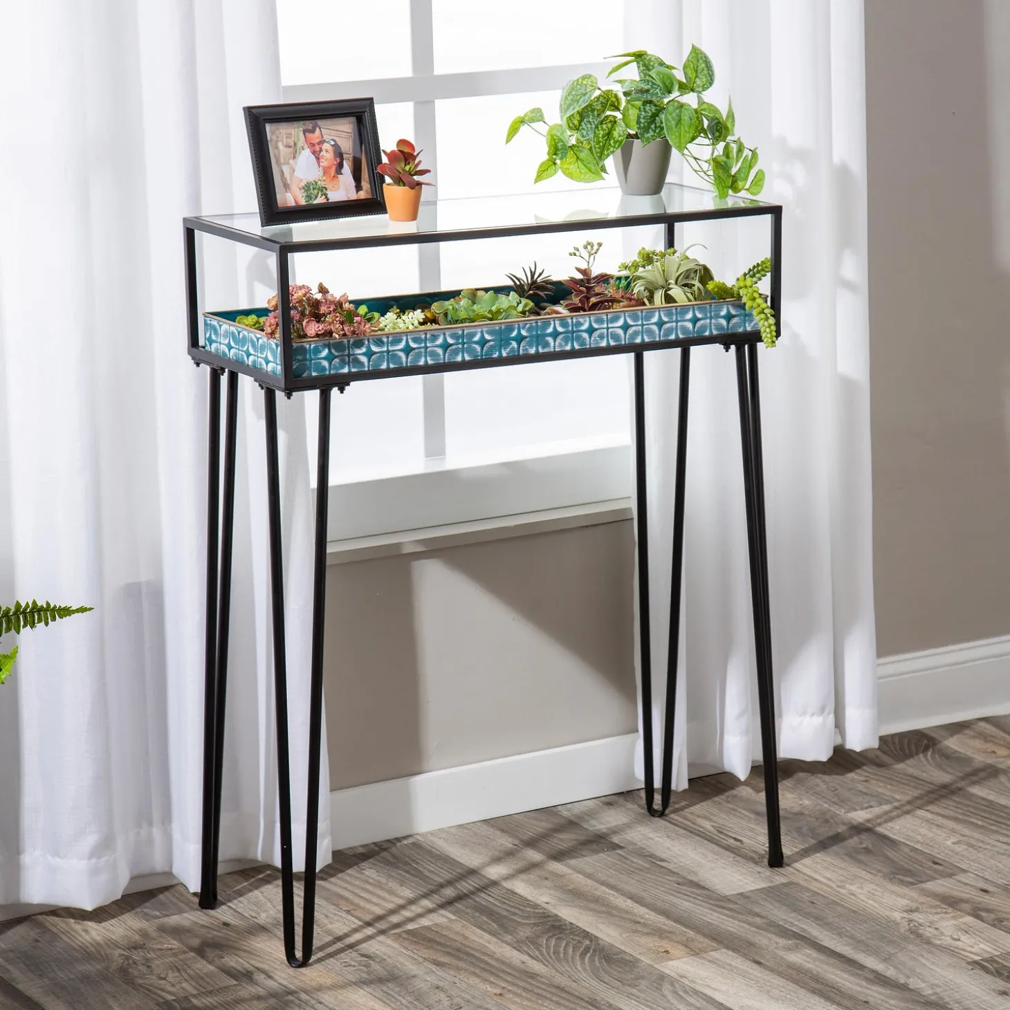 Accent Tables | Desks & Console Tables>Plow & Hearth Metal Table with Glass Top and Teal Metal Planter Dish