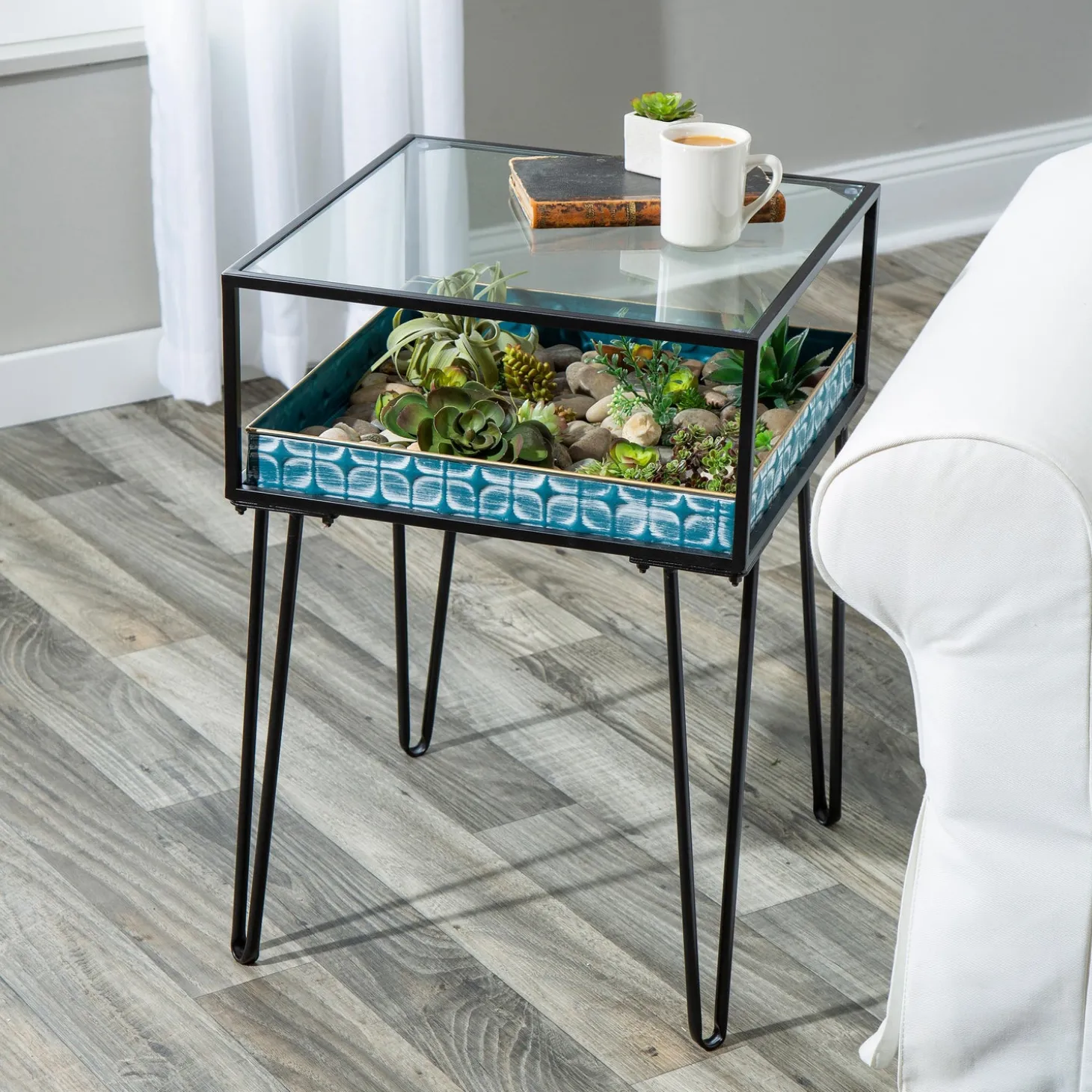 Accent Tables | Outdoor Side Tables>Plow & Hearth Metal Table with Glass Top and Teal Metal Planter Dish