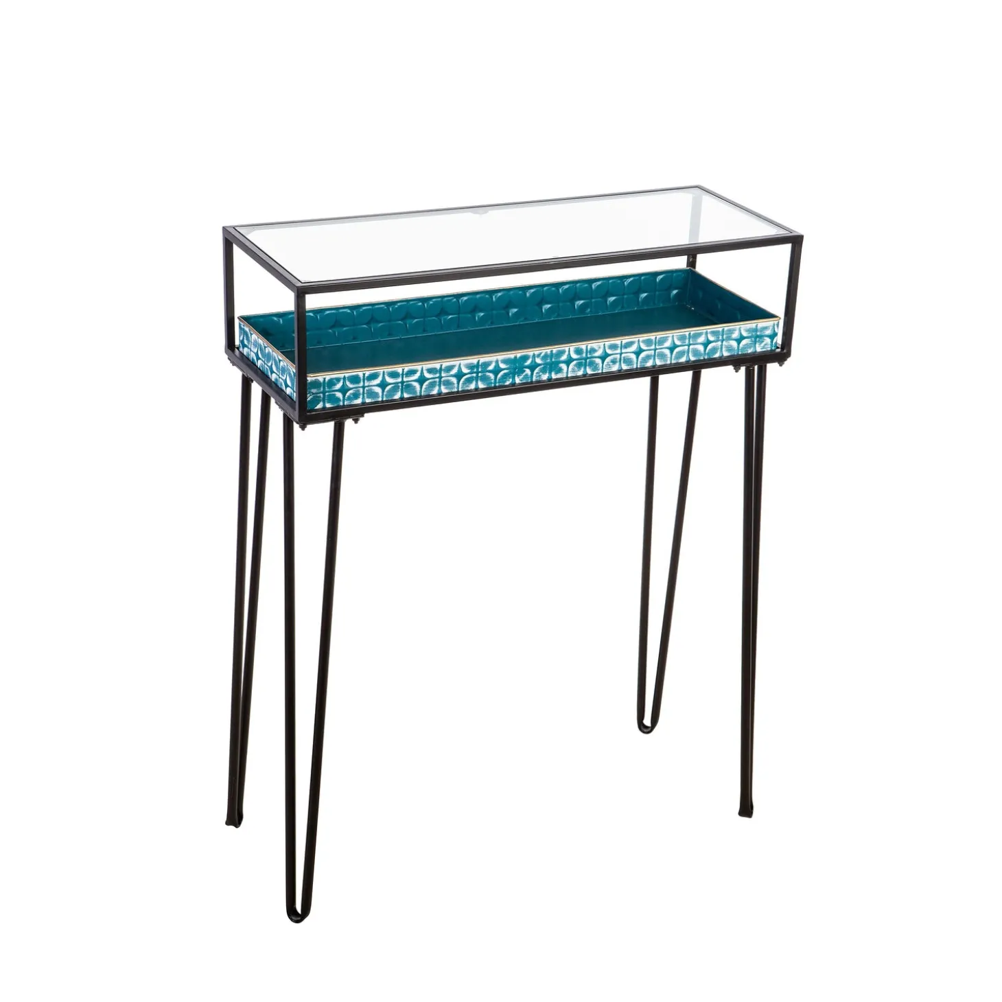 Accent Tables | Desks & Console Tables>Plow & Hearth Metal Table with Glass Top and Teal Metal Planter Dish
