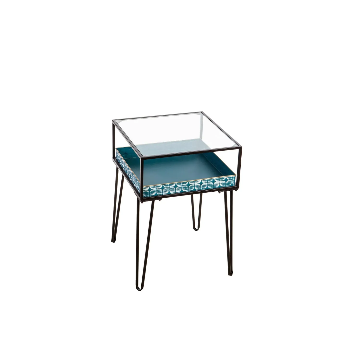 Accent Tables | Outdoor Side Tables>Plow & Hearth Metal Table with Glass Top and Teal Metal Planter Dish