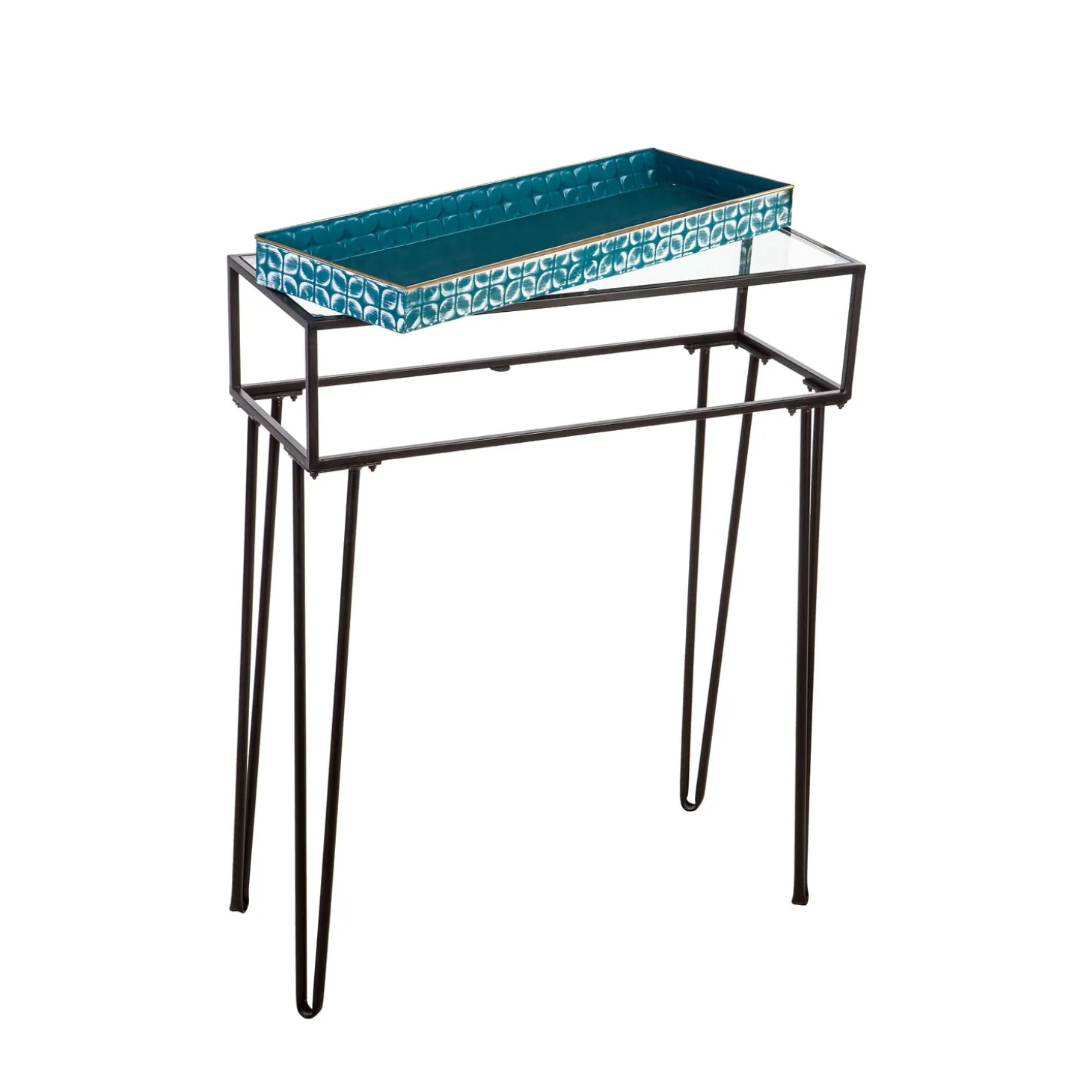 Accent Tables | Desks & Console Tables>Plow & Hearth Metal Table with Glass Top and Teal Metal Planter Dish
