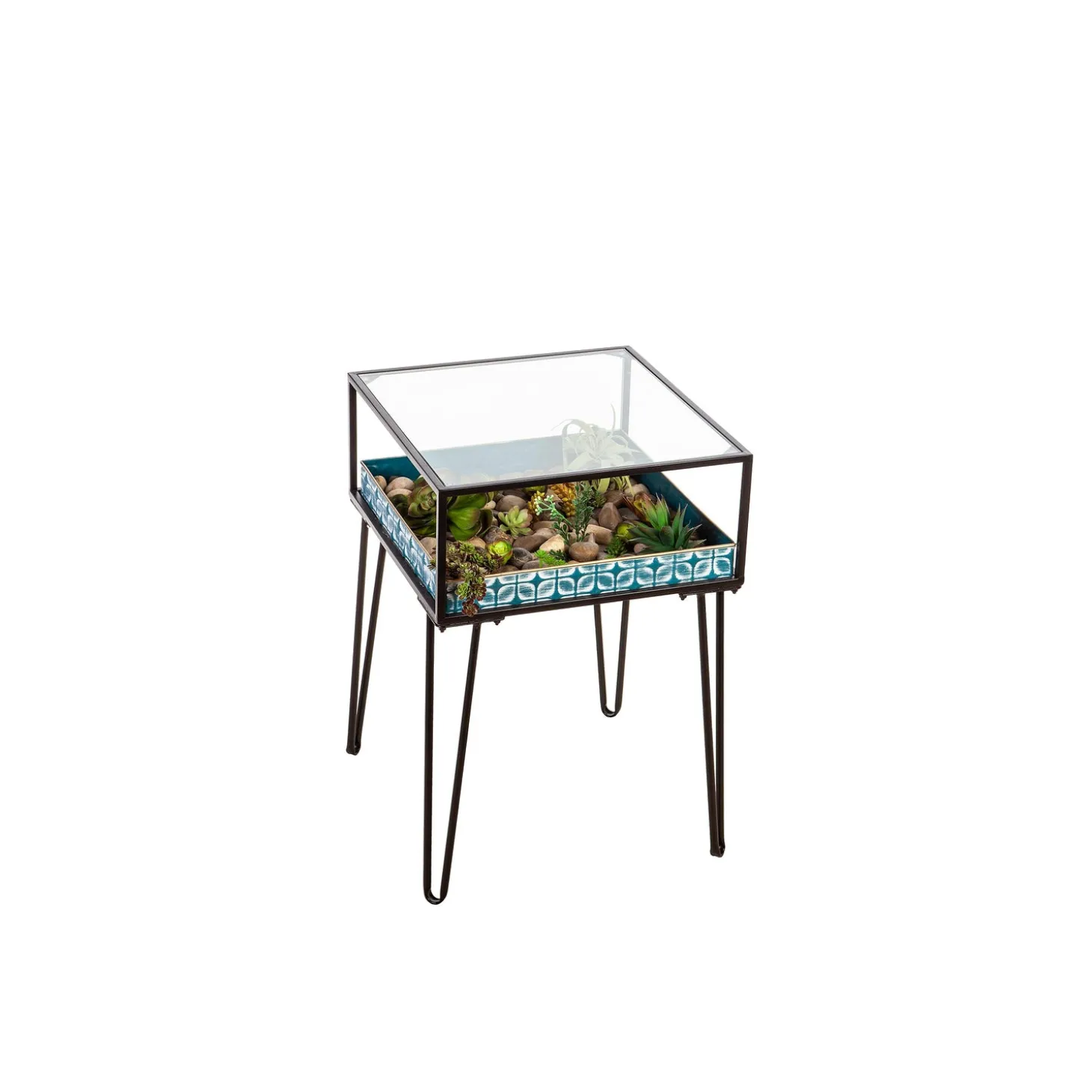 Accent Tables | Outdoor Side Tables>Plow & Hearth Metal Table with Glass Top and Teal Metal Planter Dish