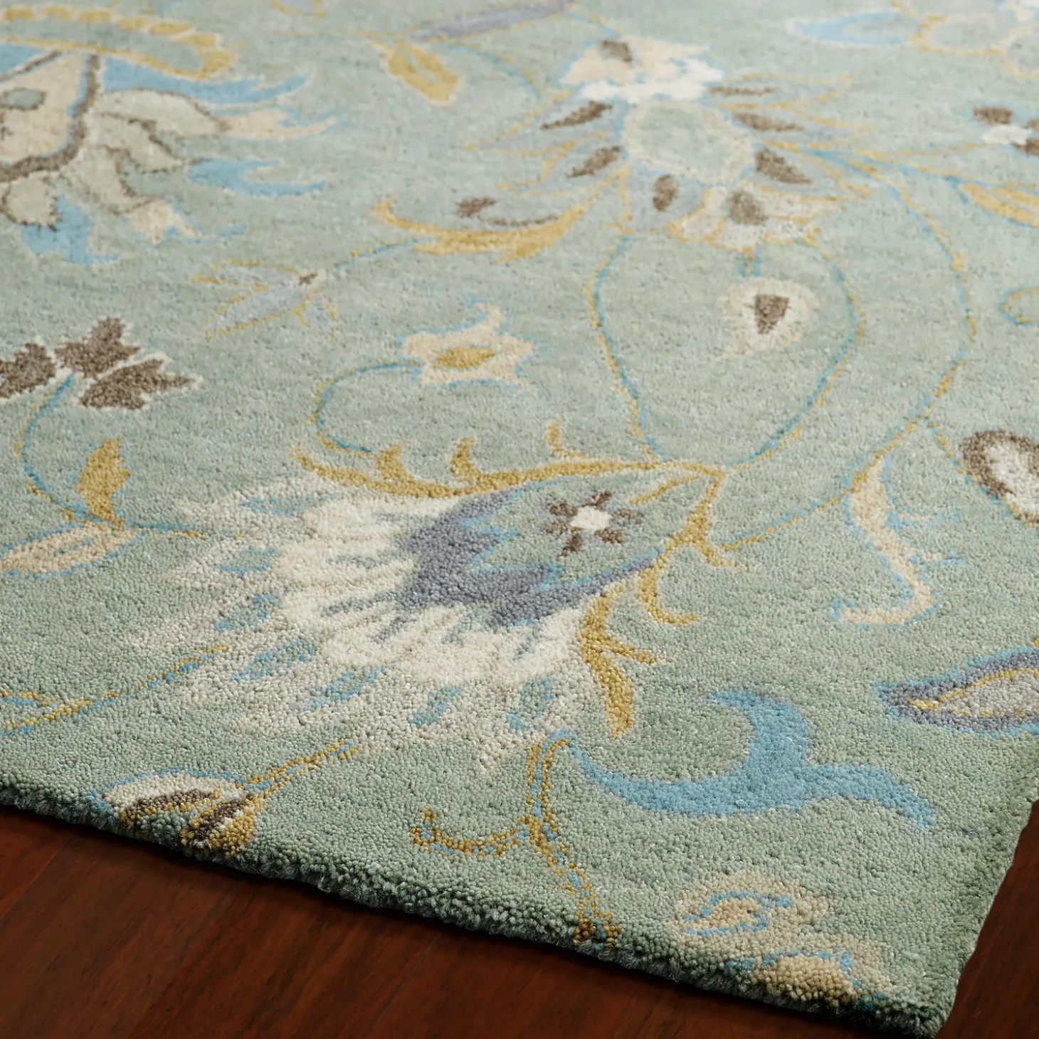 Area Rugs>Plow & Hearth Mint Meadow Floral Vine Wool Rug, 10' x 14'
