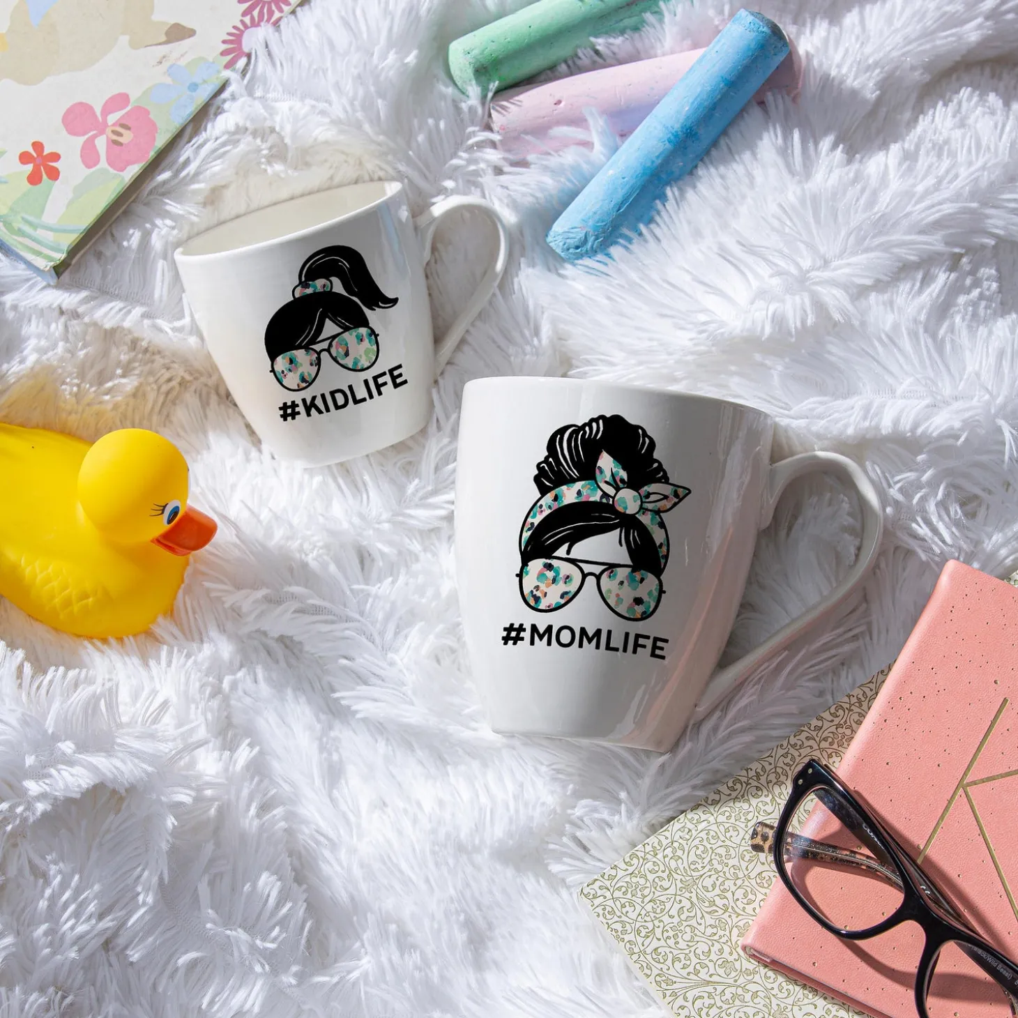 Coffee & Tea Cups>Plow & Hearth Mommy and Me Ceramic Cup Gift Set, 17 oz. & 7 oz, Mom Life/Kid Life