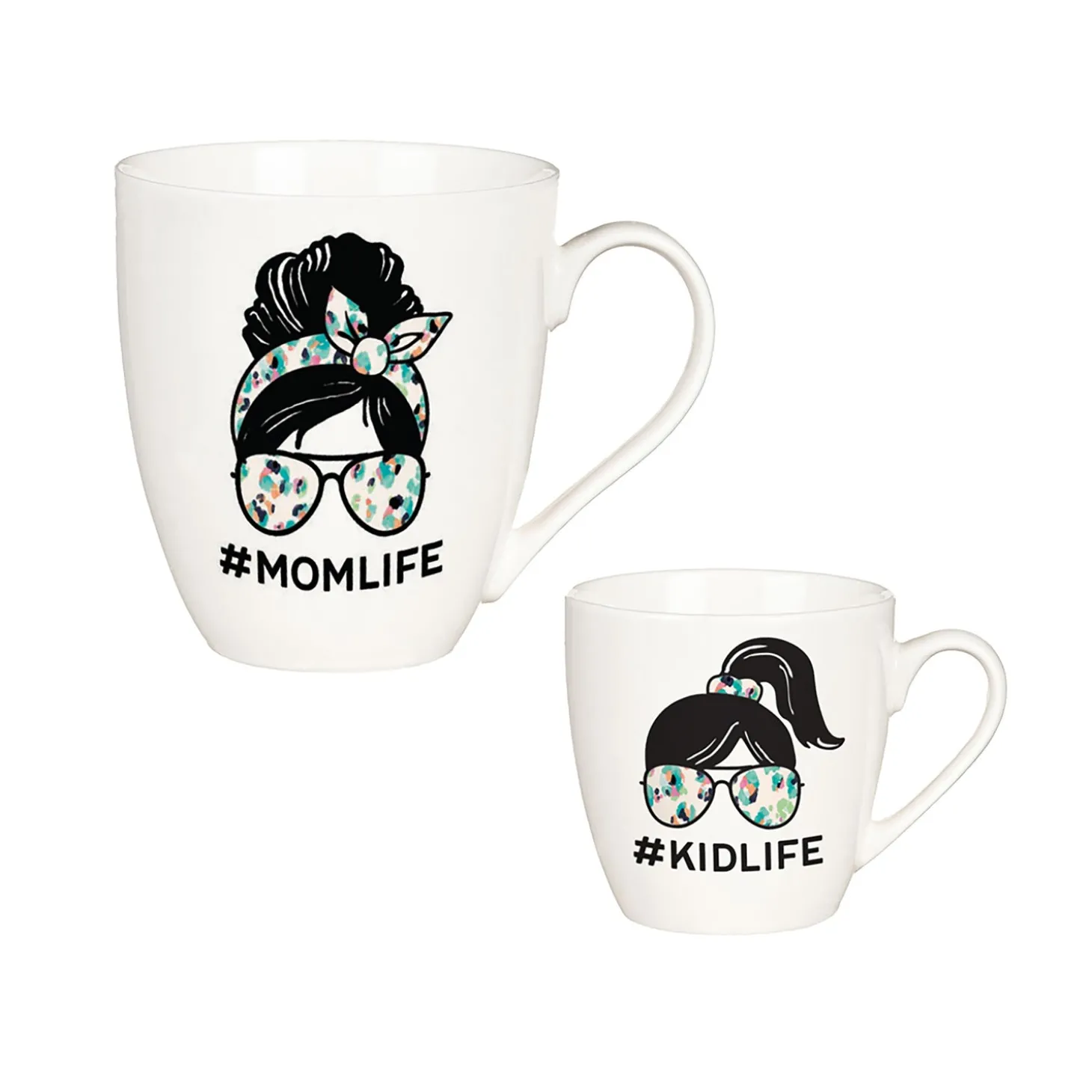 Coffee & Tea Cups>Plow & Hearth Mommy and Me Ceramic Cup Gift Set, 17 oz. & 7 oz, Mom Life/Kid Life