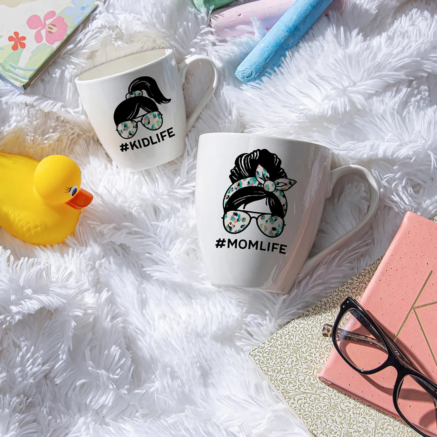 Coffee & Tea Cups>Plow & Hearth Mommy and Me Ceramic Cup Gift Set, 17 oz. & 7 oz, Mom Life/Kid Life