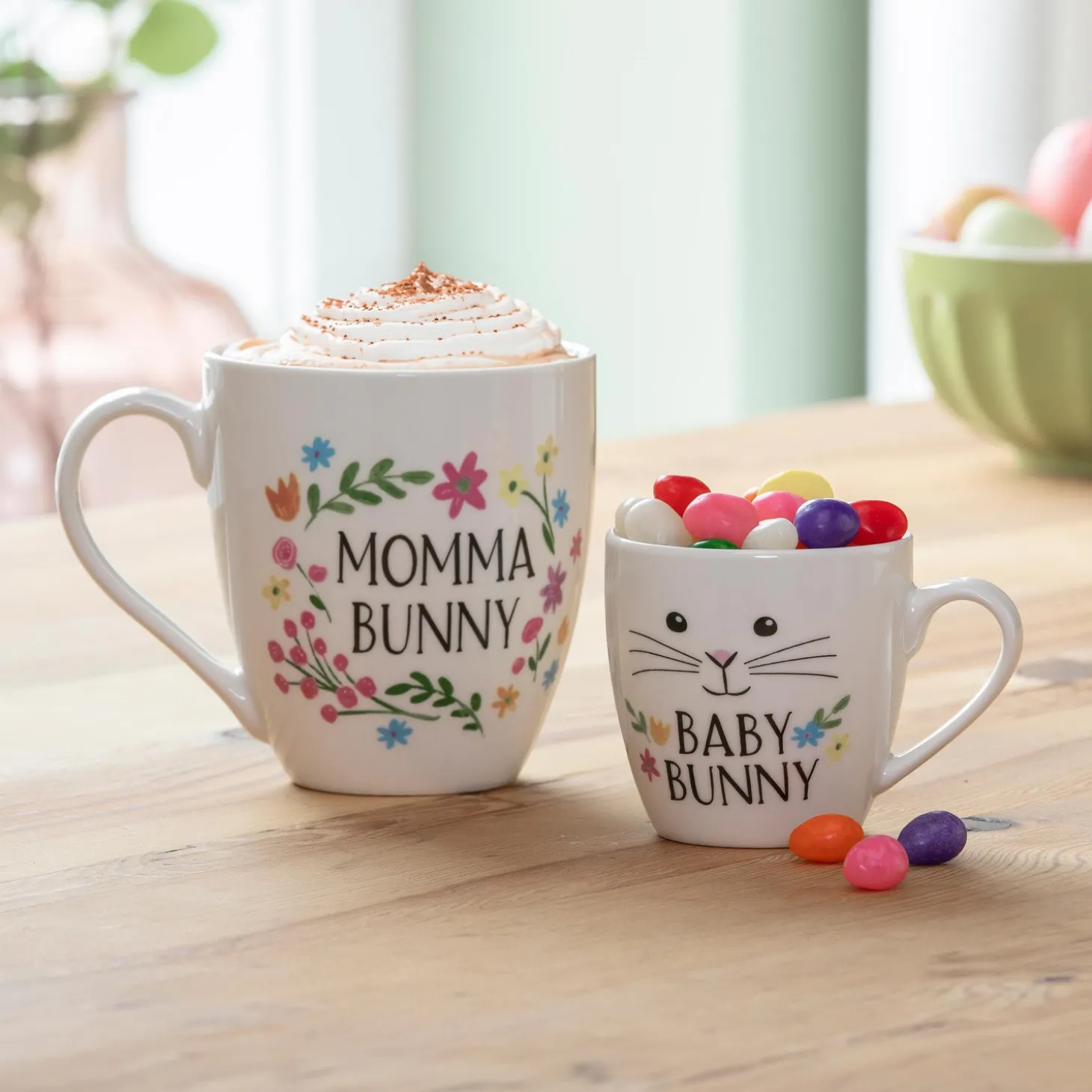 Coffee & Tea Cups>Plow & Hearth Mommy and Me Ceramic Cup Gift Set, 17oz and 7oz, Mama Bunny/Baby Bunny