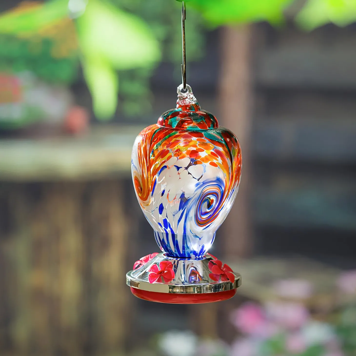 Hummingbird Feeders>Plow & Hearth Mutli-Colored Swirled Glass Hummingbird Feeder, Blue