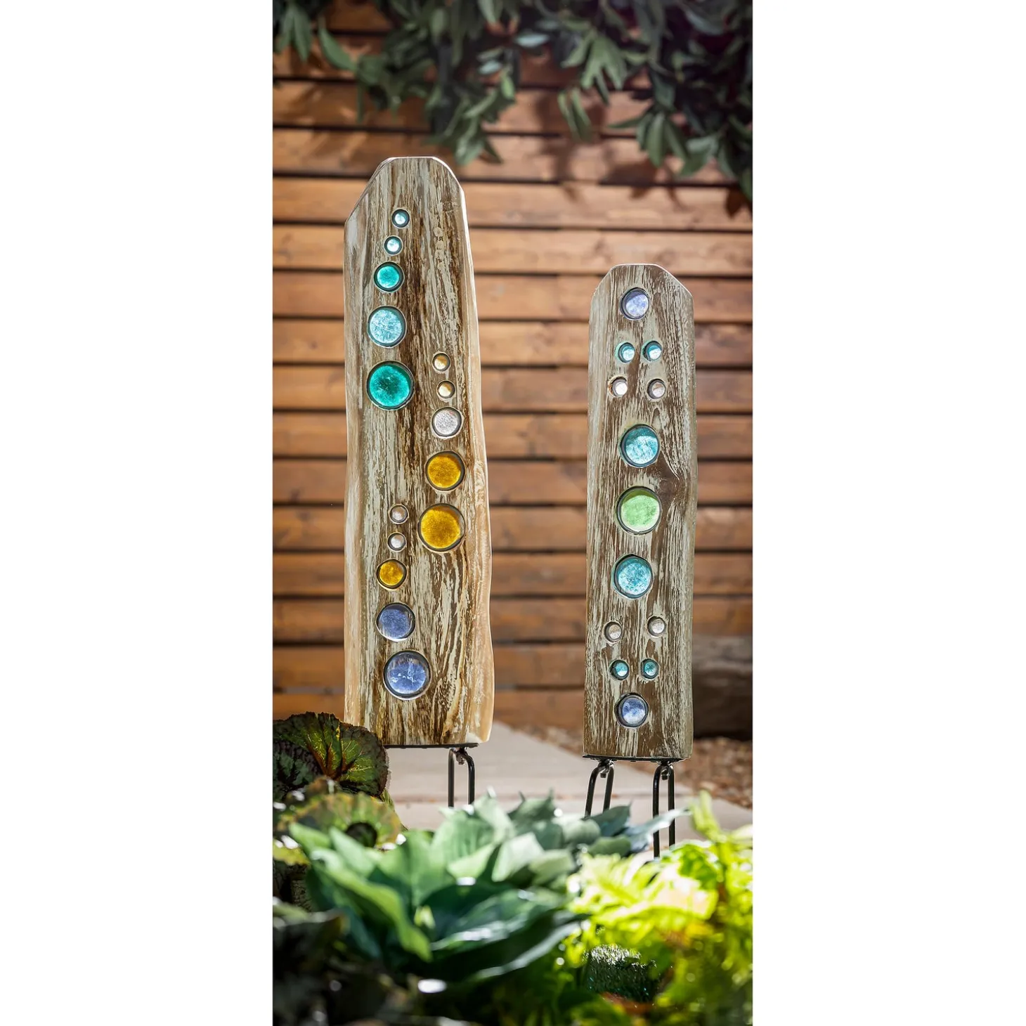 Garden Statues | Garden Stakes>Plow & Hearth Natural Driftwood Colorful Glass Statuary