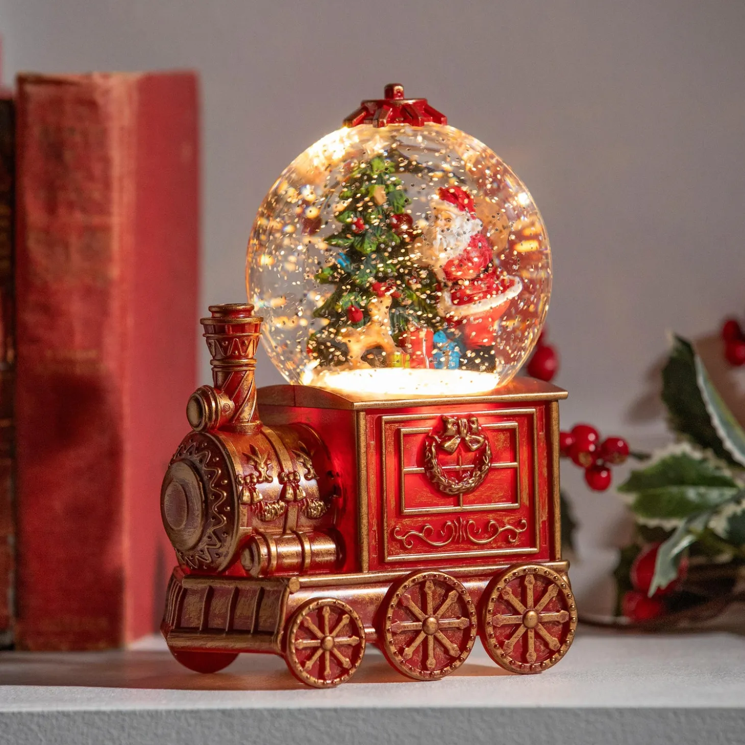 Decorative Accents | Lighted Accents>Plow & Hearth North Pole Express LED Table Decor Train Spinning Water Lantern with Santa and Tree, 7.5"
