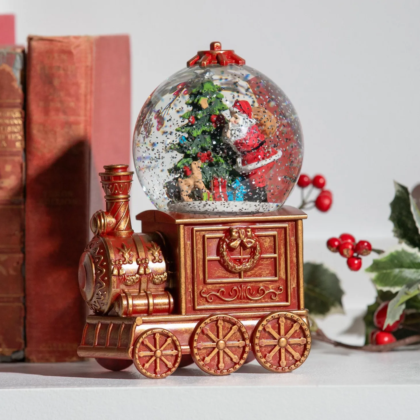 Decorative Accents | Lighted Accents>Plow & Hearth North Pole Express LED Table Decor Train Spinning Water Lantern with Santa and Tree, 7.5"