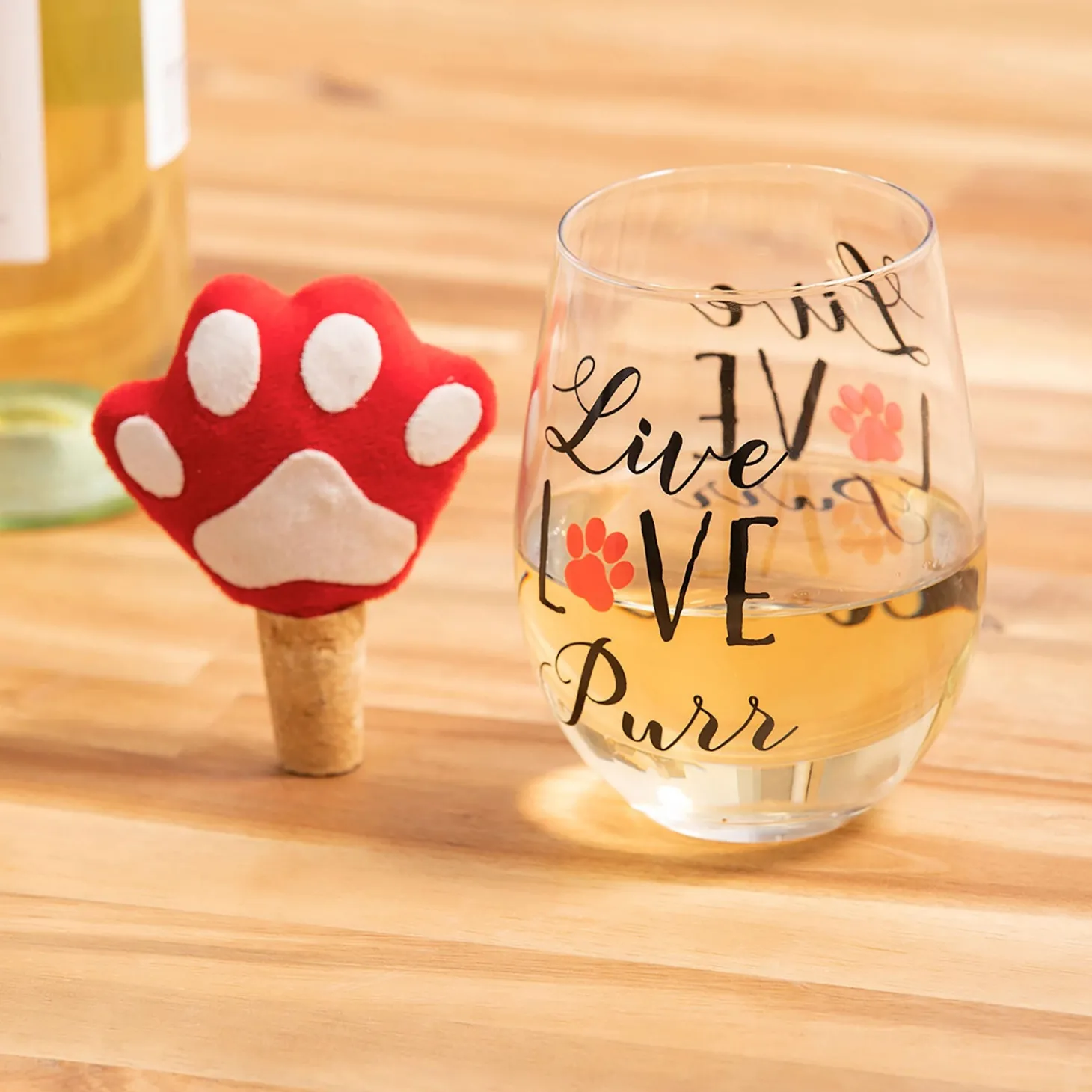 Wine Glasses>Plow & Hearth 17 OZ Stemless Glass with Paw Print Stopper, Live Love Purr, Gift Set