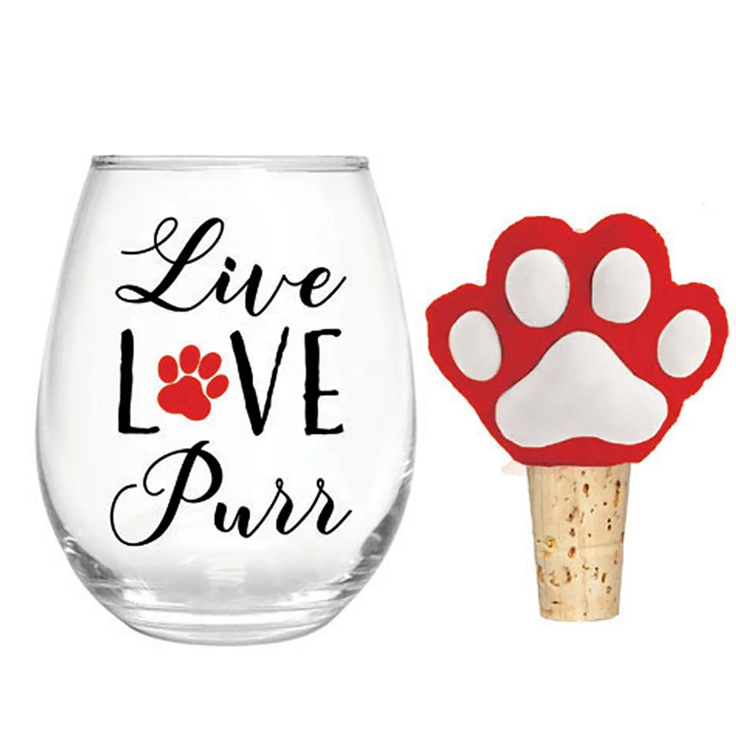 Wine Glasses>Plow & Hearth 17 OZ Stemless Glass with Paw Print Stopper, Live Love Purr, Gift Set