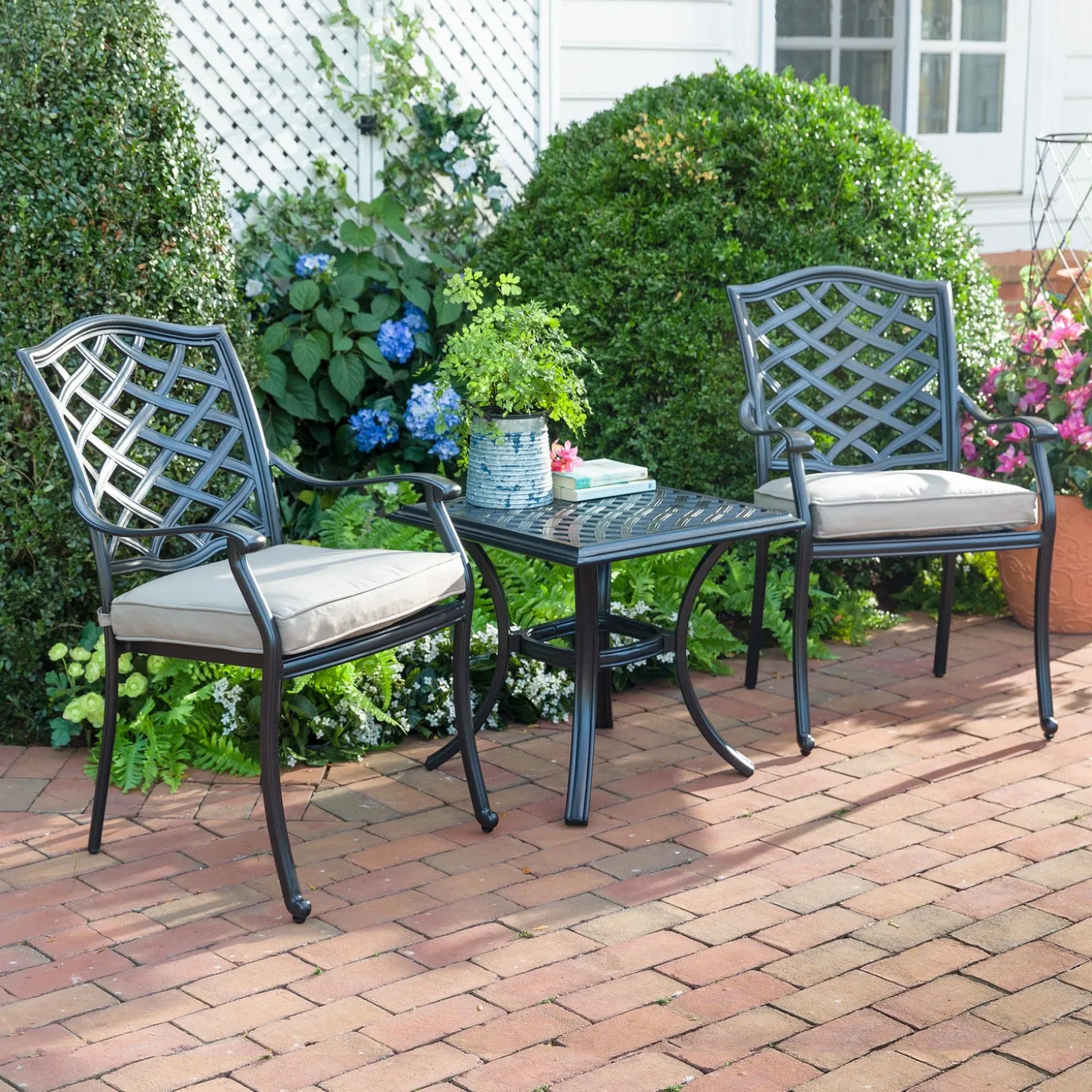 Outdoor Seating Sets>Plow & Hearth Park Grove Cast Aluminum Outdoor Armchairs with Cushions, Set of 2